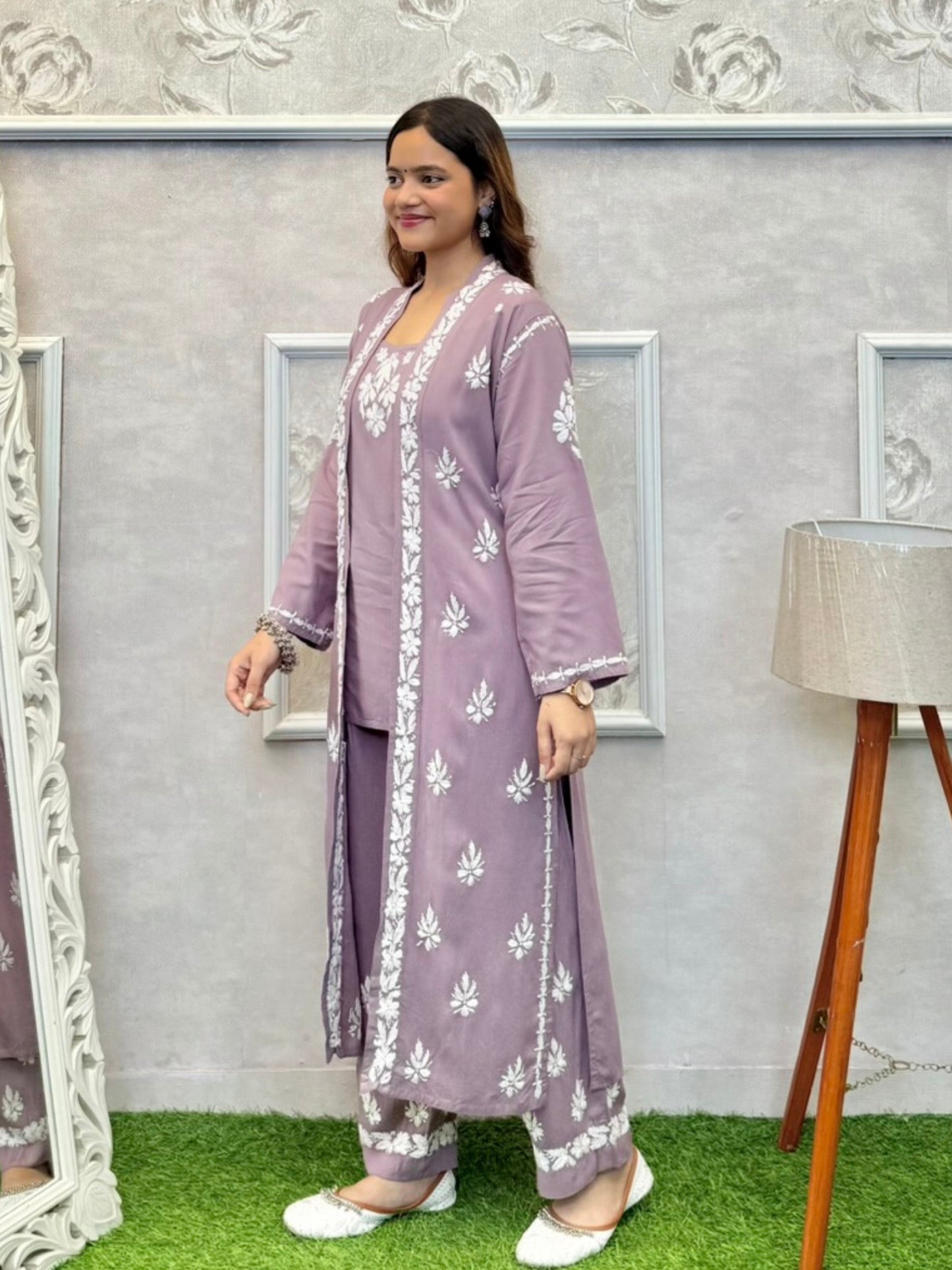 Dusty mauve Lucknowi Chikankari rayon 3-piece co-ord set with sleeveless kurta, pants, and embroidered shrug