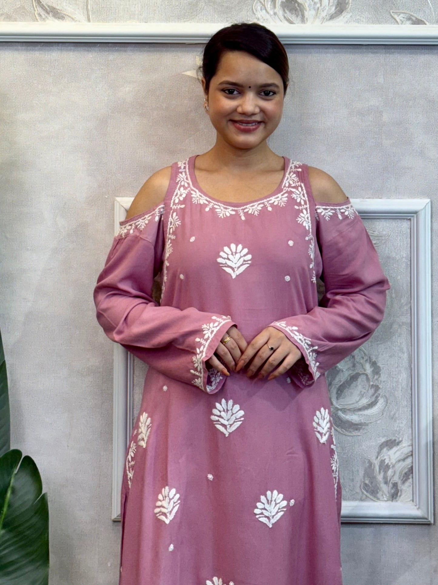 Mauve rayon shoulder cut Lucknow Chikankari kurta with hand embroidery – elegant and stylish