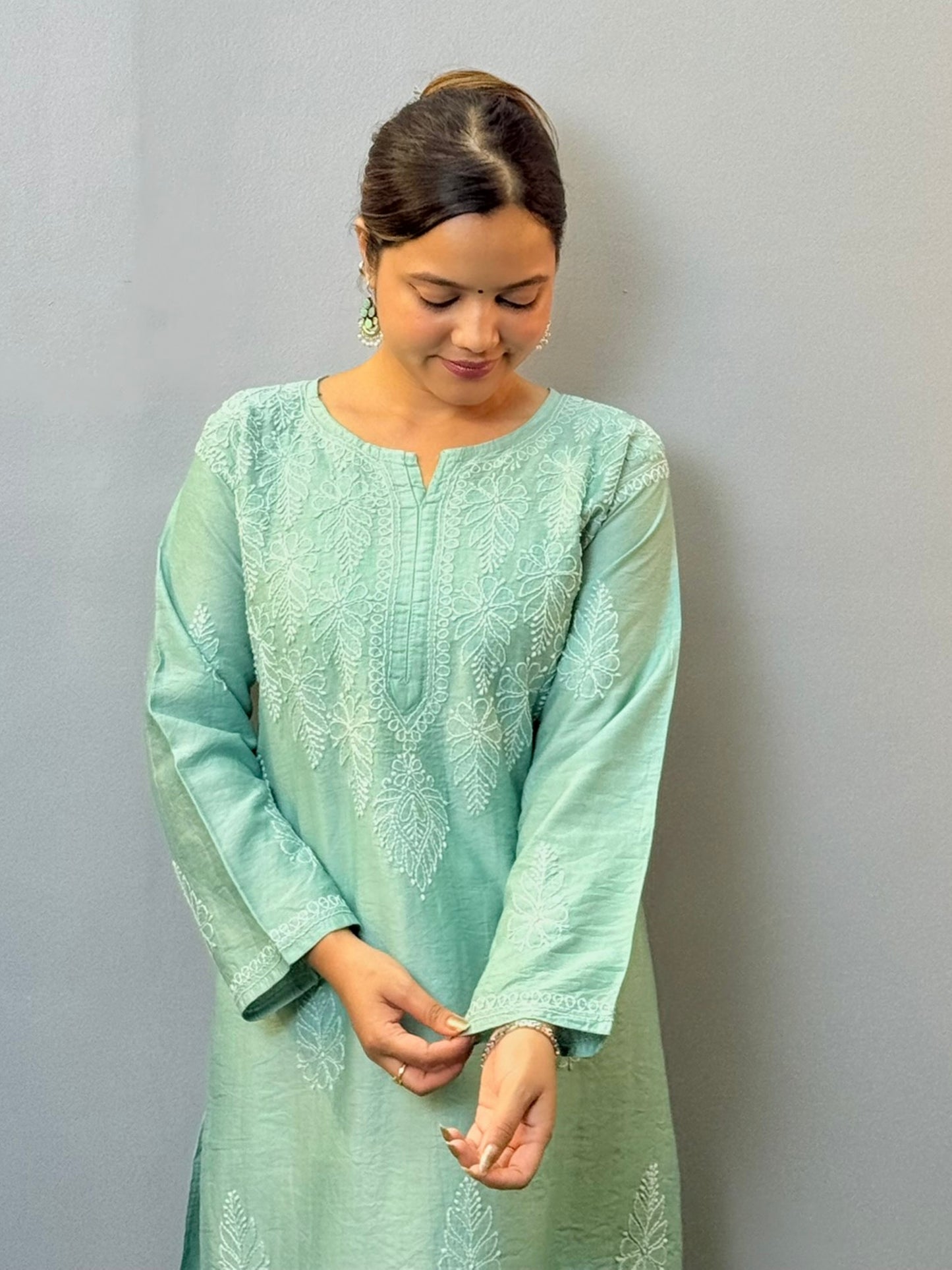 Sea green chanderi chikankari kurta with bakhiya embroidery work