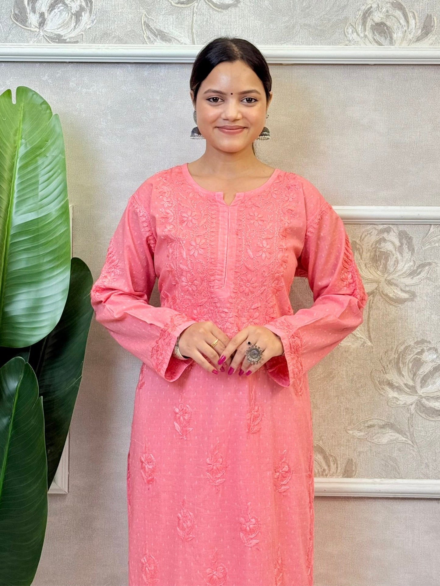 Peach pink dobby cotton Chikankari kurta and palazzo set with hand embroidery – soft and breathable ethnic outfit