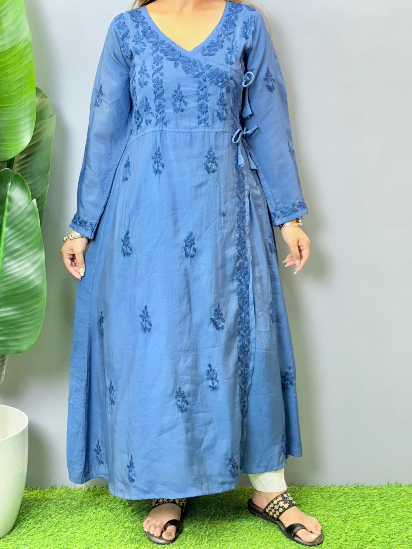 Steel blue Chanderi Angrakha kurta with Lucknowi Chikankari hand embroidery, soft and premium quality