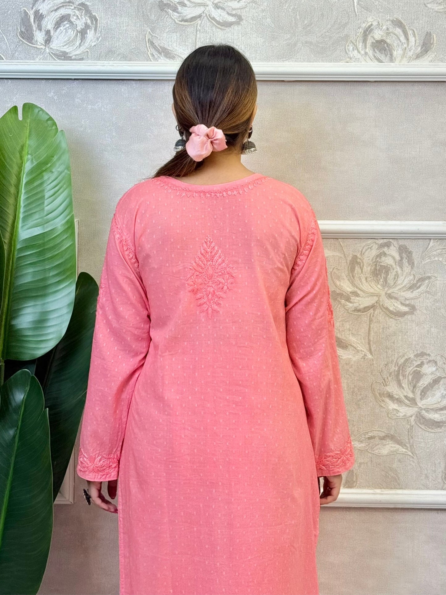 Peach pink dobby cotton Chikankari kurta and palazzo set with hand embroidery – soft and breathable ethnic outfit