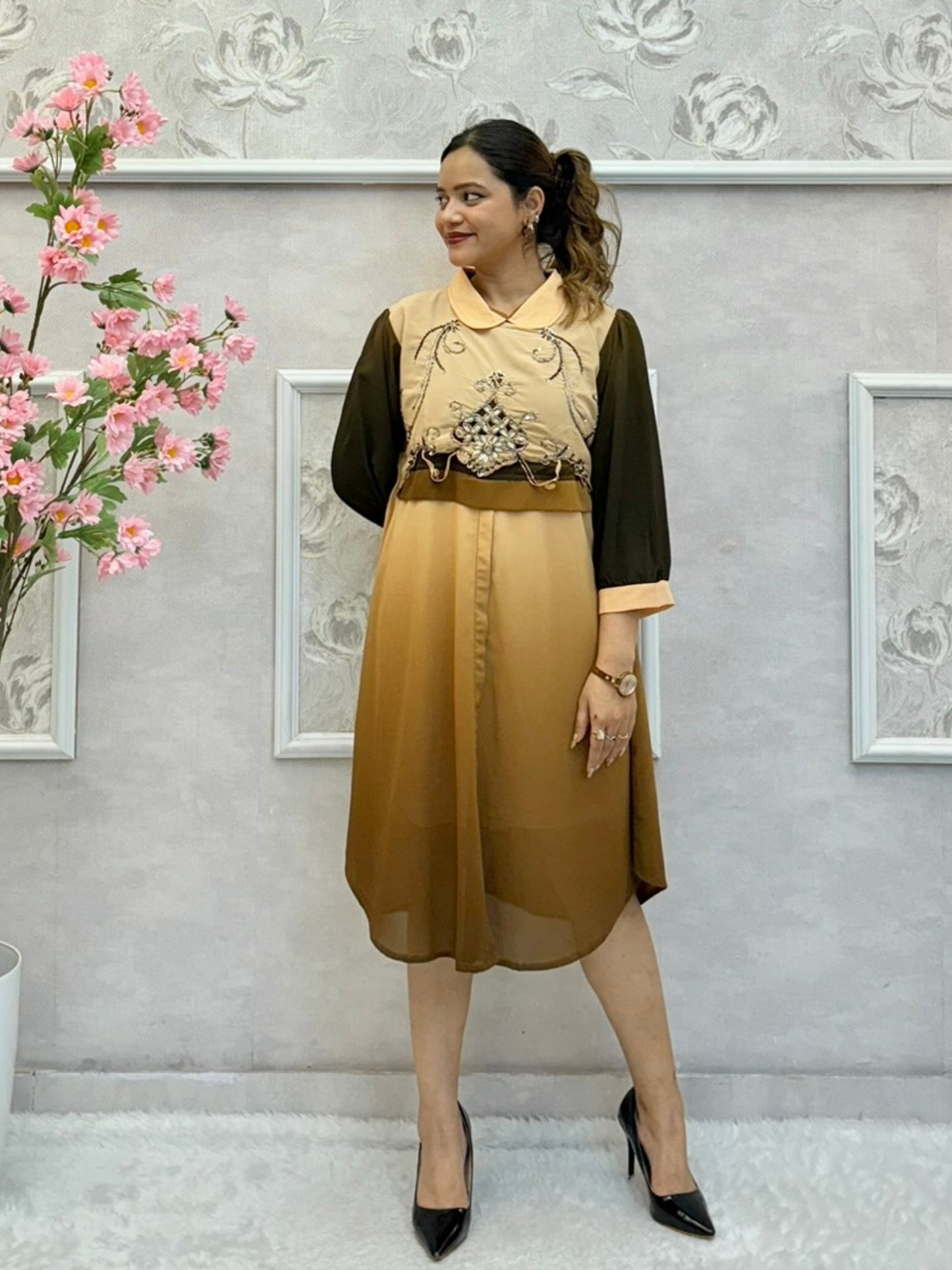 Mocha ombre Indo-Western knee-length dress with handwork and collar neck