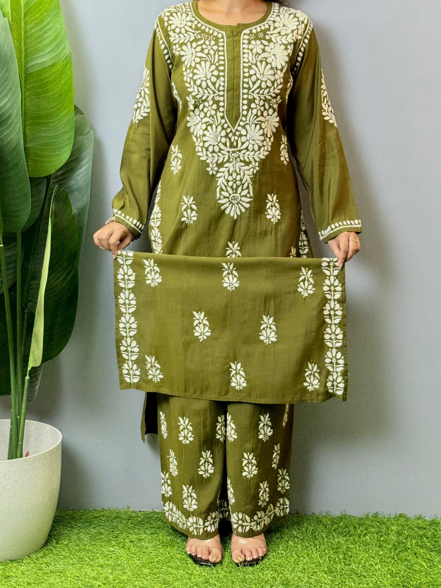 Olive green Roman silk Lucknow Chikankari kurta and pant set with premium hand embroidery