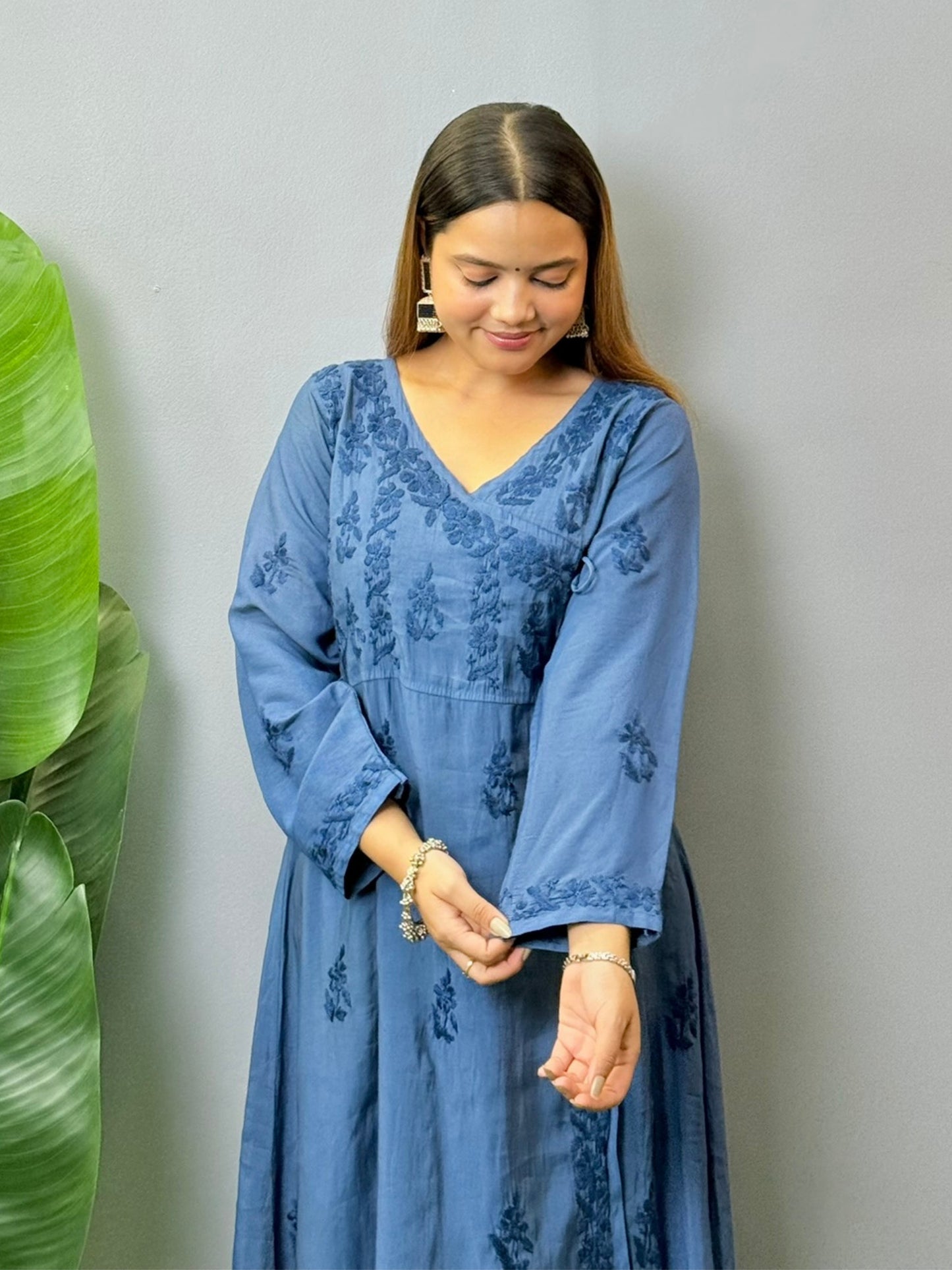 Steel blue Chanderi Angrakha kurta with Lucknowi Chikankari hand embroidery, soft and premium quality