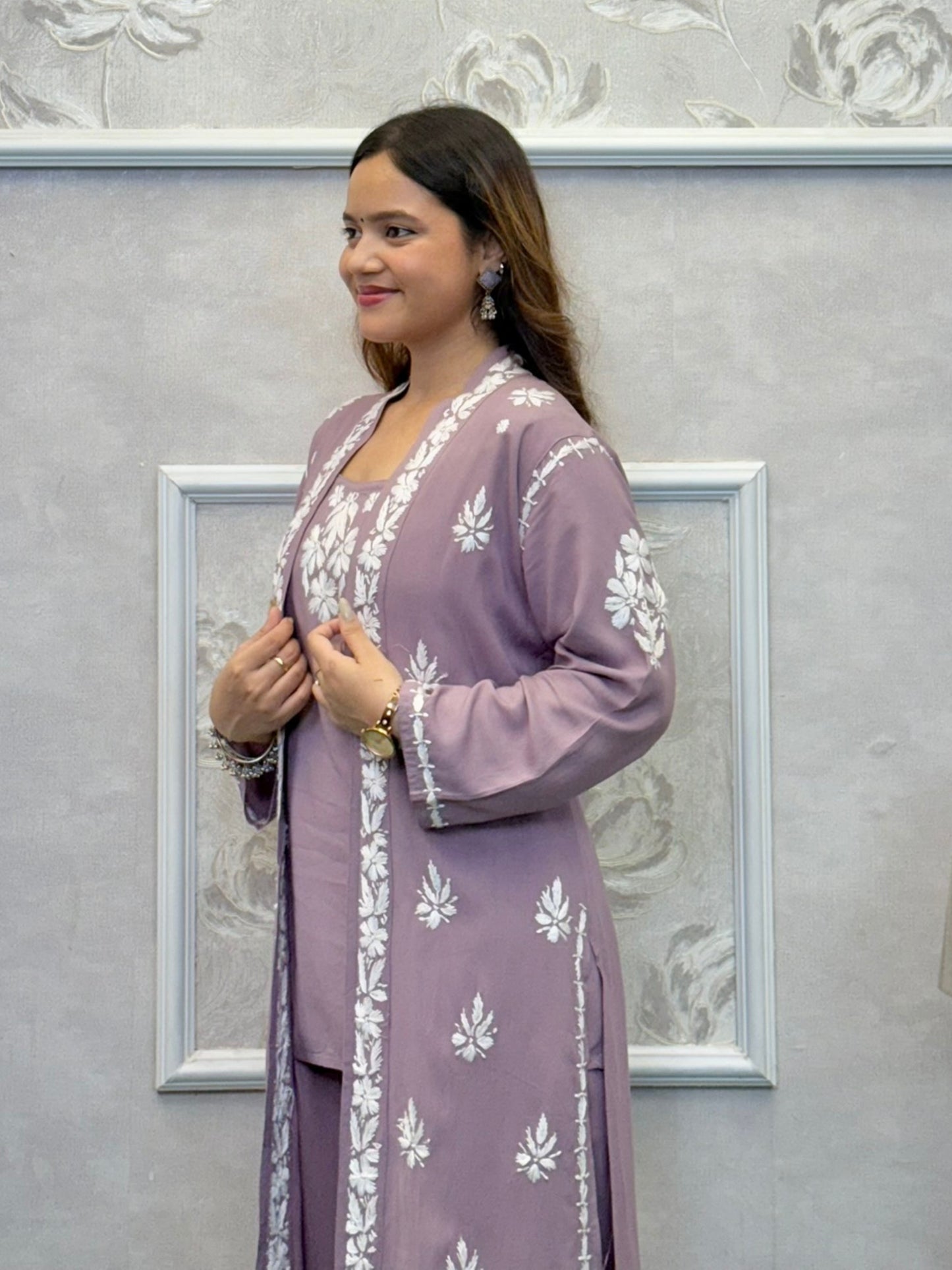 Dusty mauve Lucknowi Chikankari rayon 3-piece co-ord set with sleeveless kurta, pants, and embroidered shrug