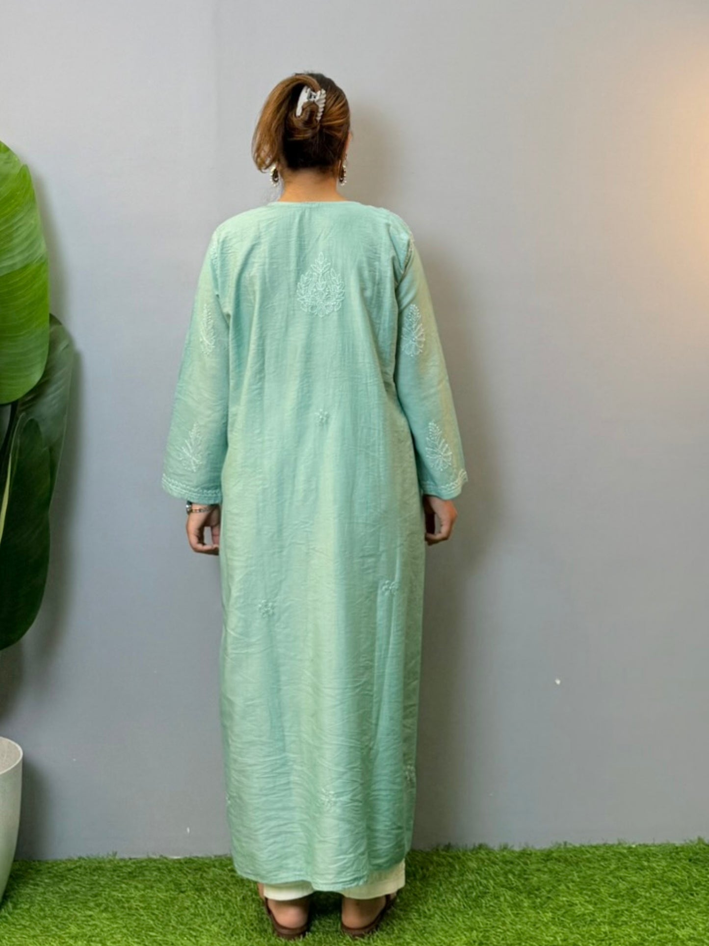 Sea green chanderi chikankari kurta with bakhiya embroidery work