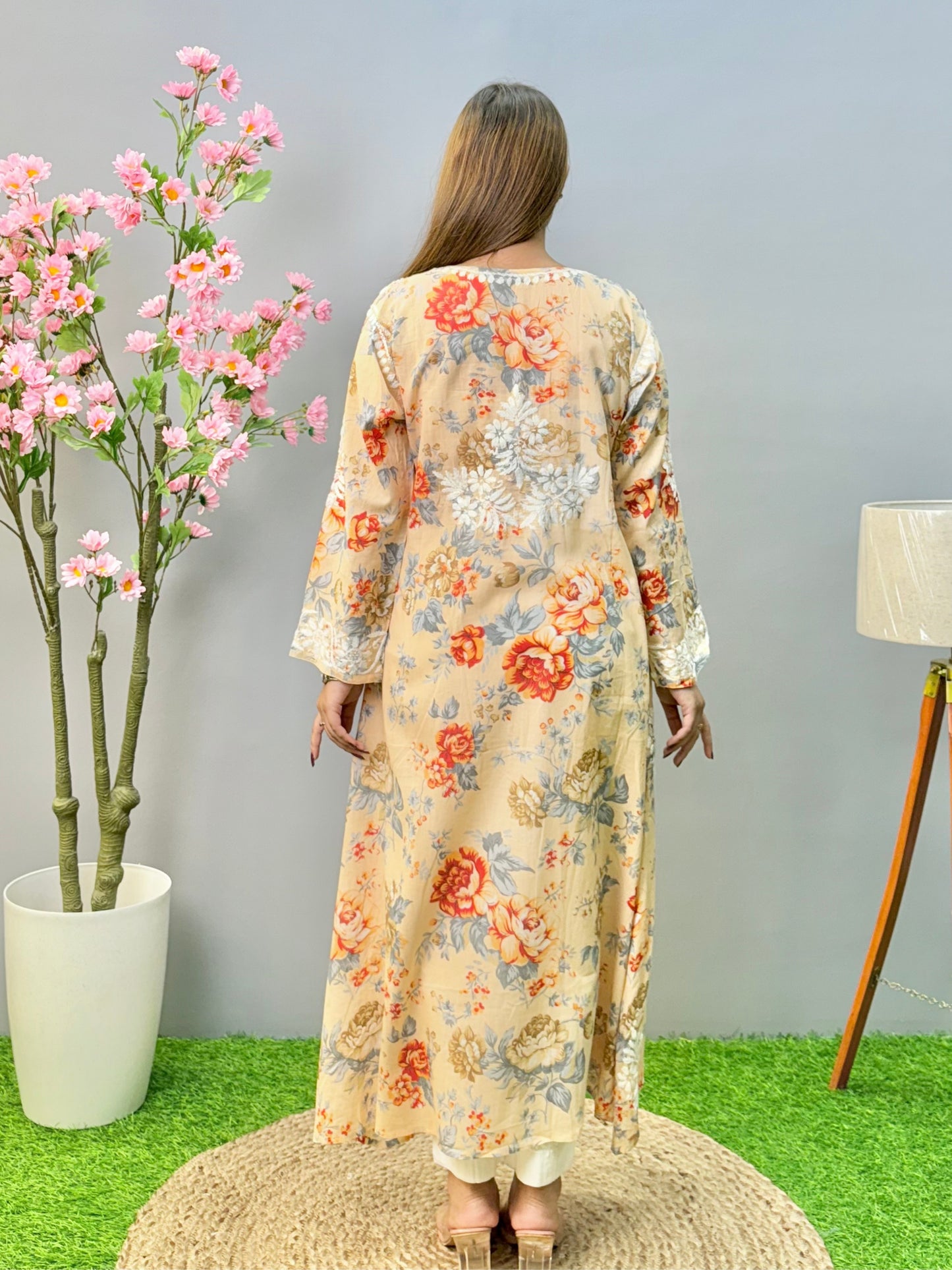 Beige Floral Angrakha Kurta in Mulmul – Printed Lucknowi Charm