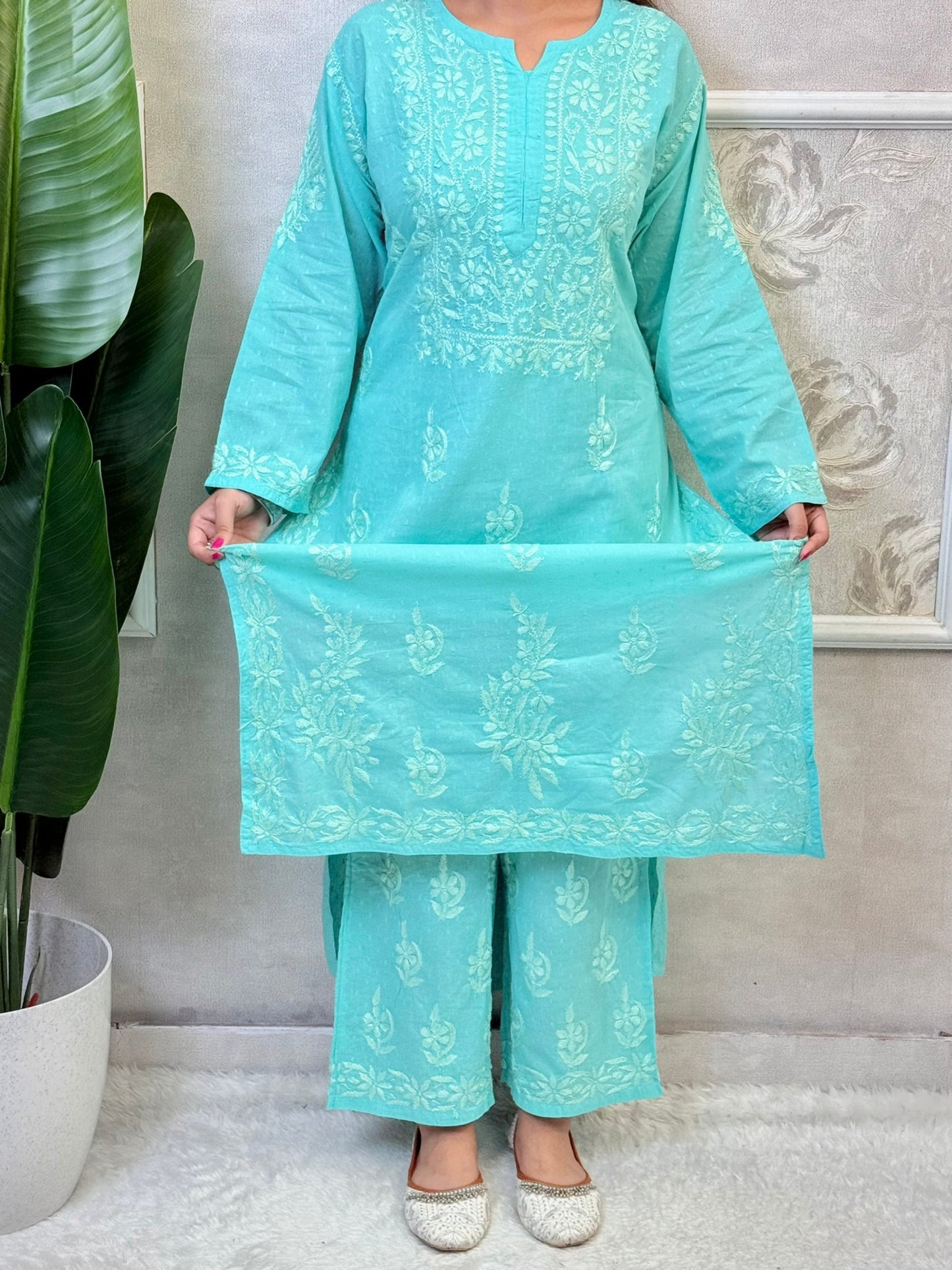 Aqua blue dobby cotton kurta and palazzo set with tone-on-tone Lucknowi Chikankari embroidery – soft and breathable ethnic wear