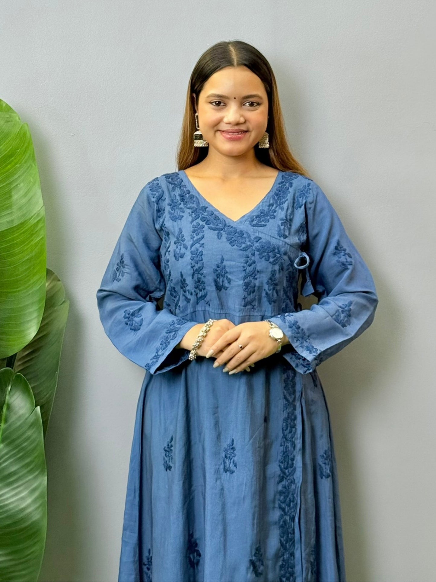 Steel blue Chanderi Angrakha kurta with Lucknowi Chikankari hand embroidery, soft and premium quality