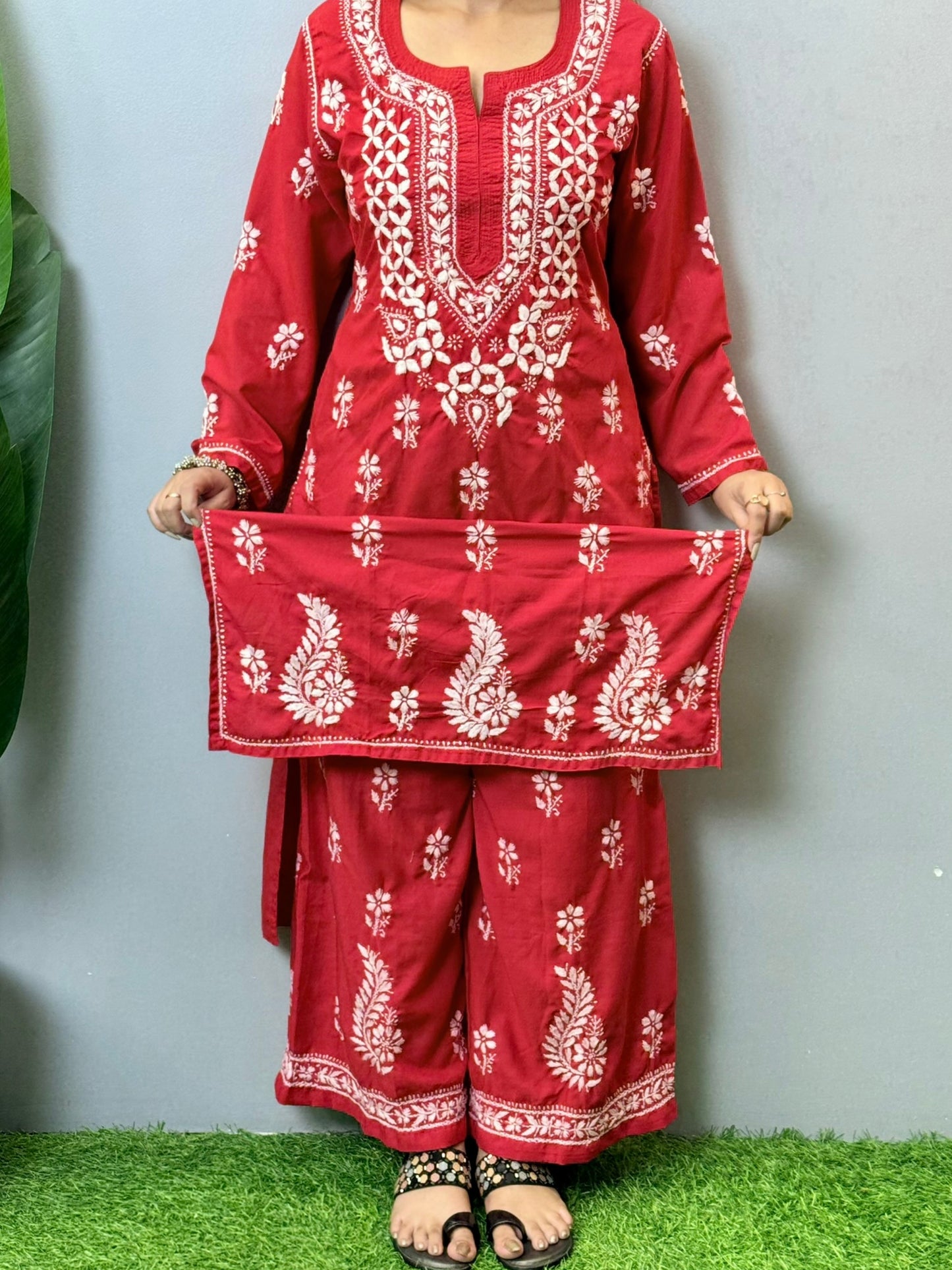 Red muslin Chikankari kurta palazzo set with white hand embroidery