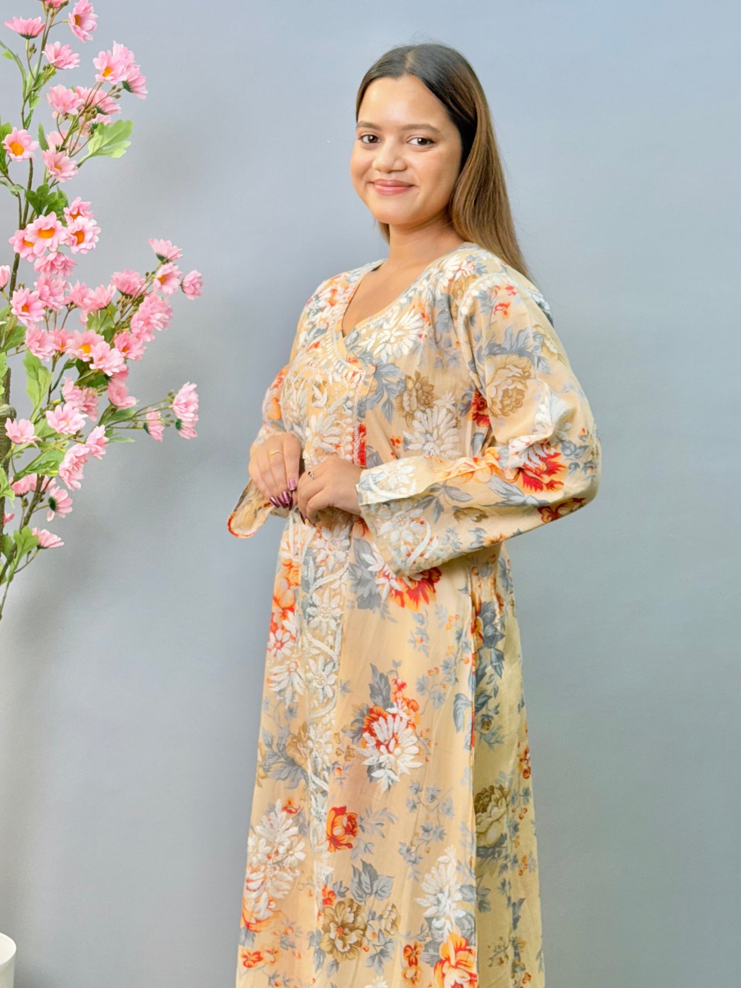 Beige Floral Angrakha Kurta in Mulmul – Printed Lucknowi Charm