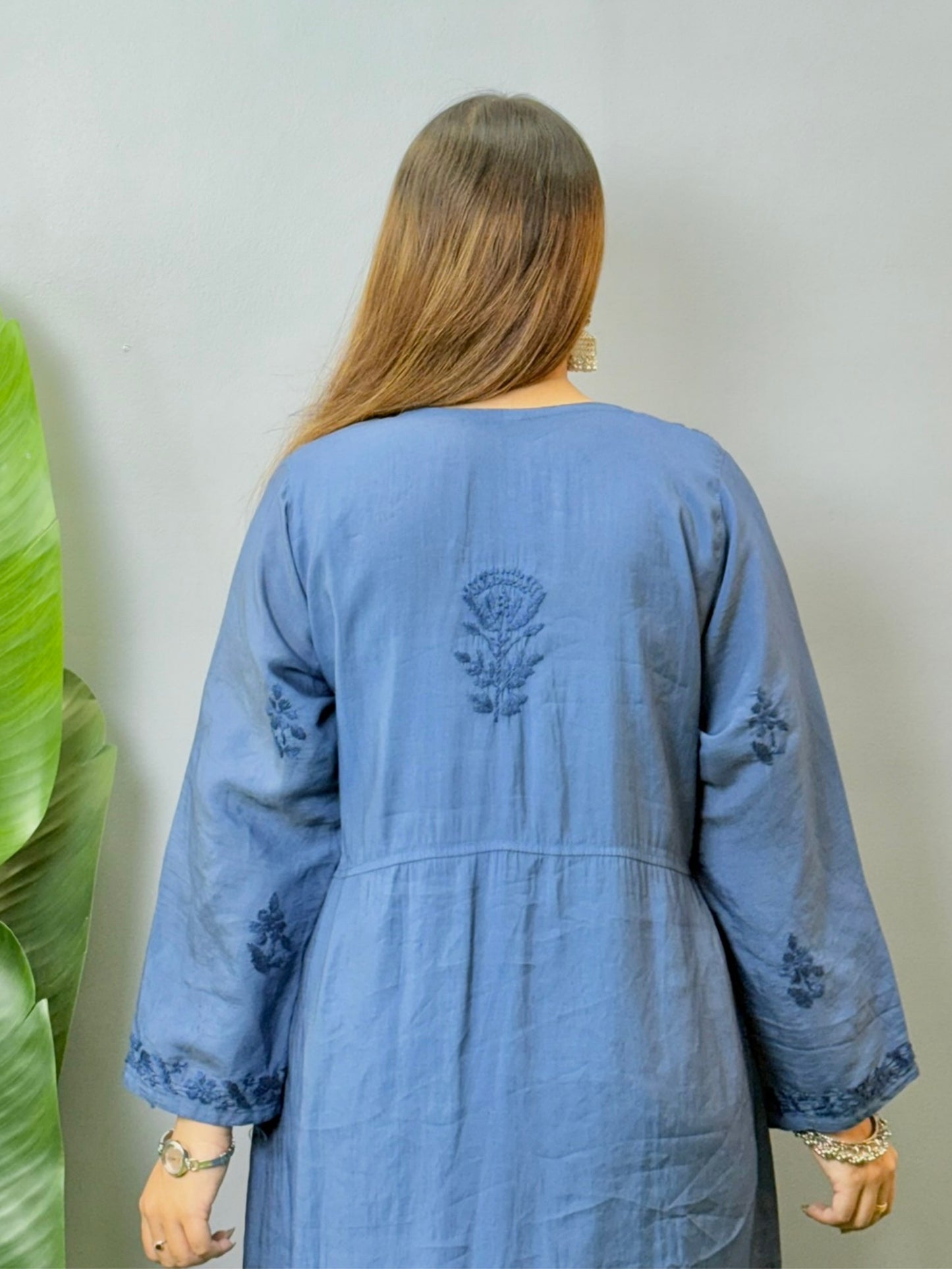 Steel blue Chanderi Angrakha kurta with Lucknowi Chikankari hand embroidery, soft and premium quality