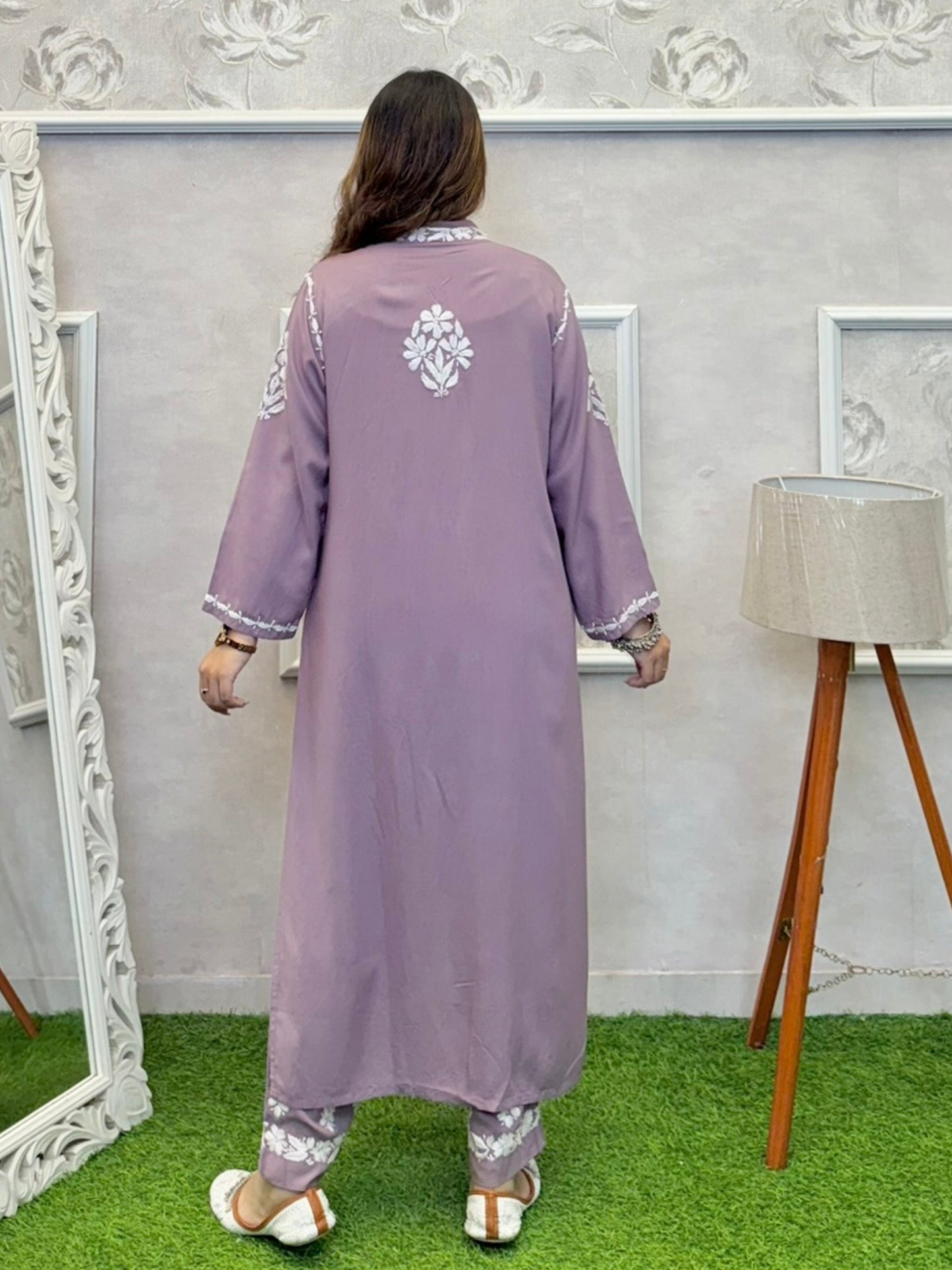Dusty mauve Lucknowi Chikankari rayon 3-piece co-ord set with sleeveless kurta, pants, and embroidered shrug