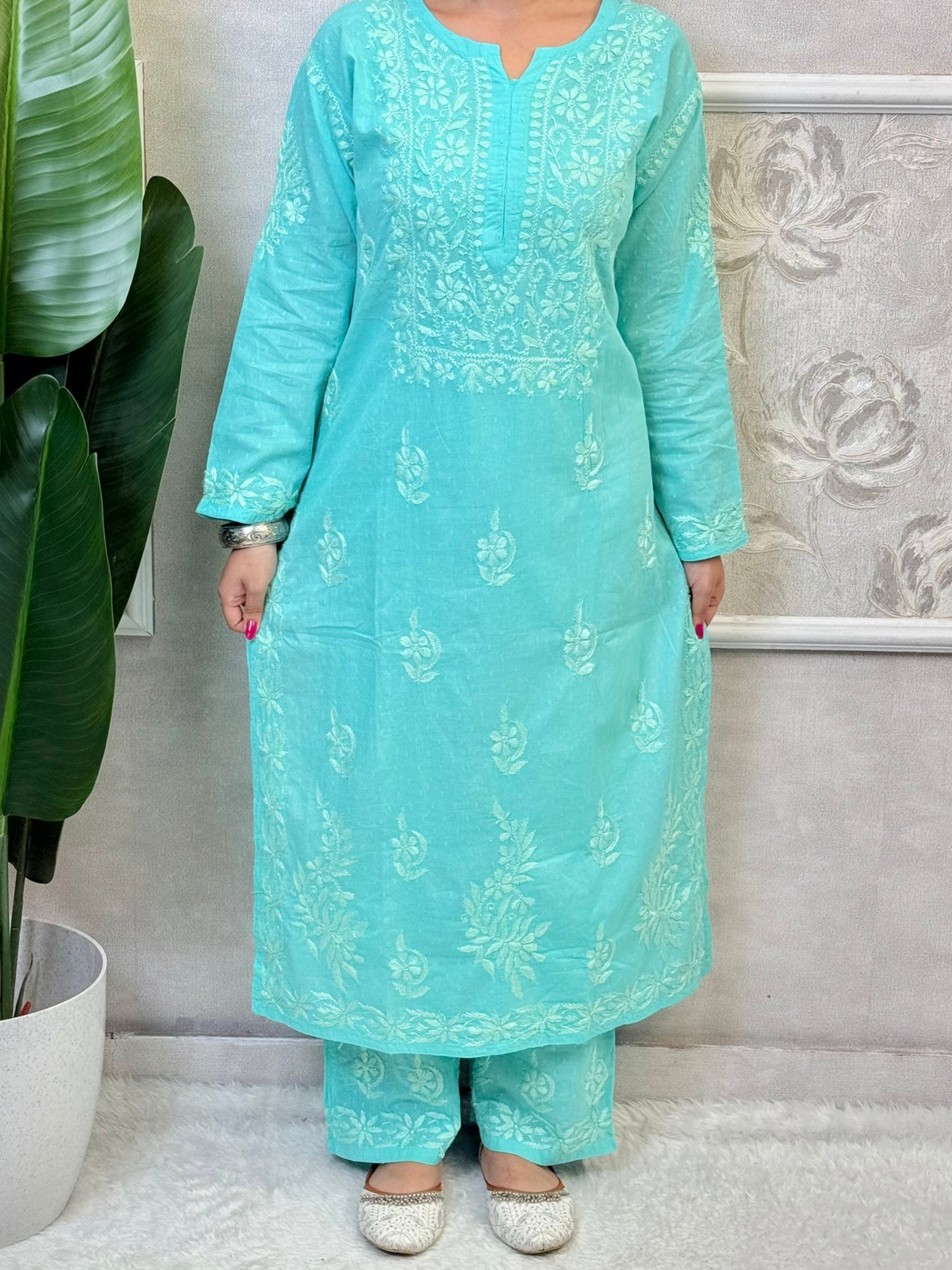 Aqua blue dobby cotton kurta and palazzo set with tone-on-tone Lucknowi Chikankari embroidery – soft and breathable ethnic wear