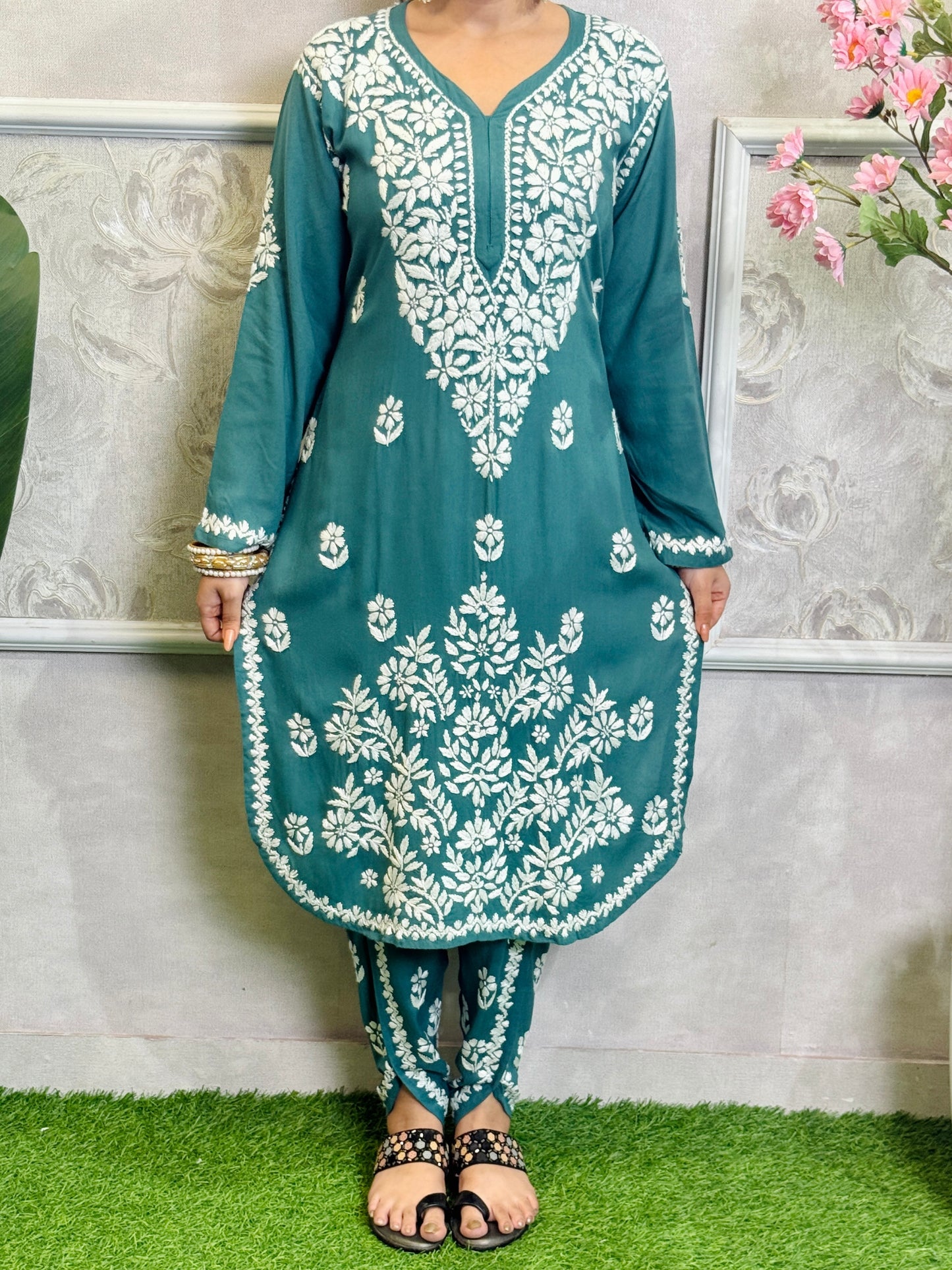 Teal rayon Lucknow Chikankari kurta and dhoti set with white hand embroidery, soft and premium quality