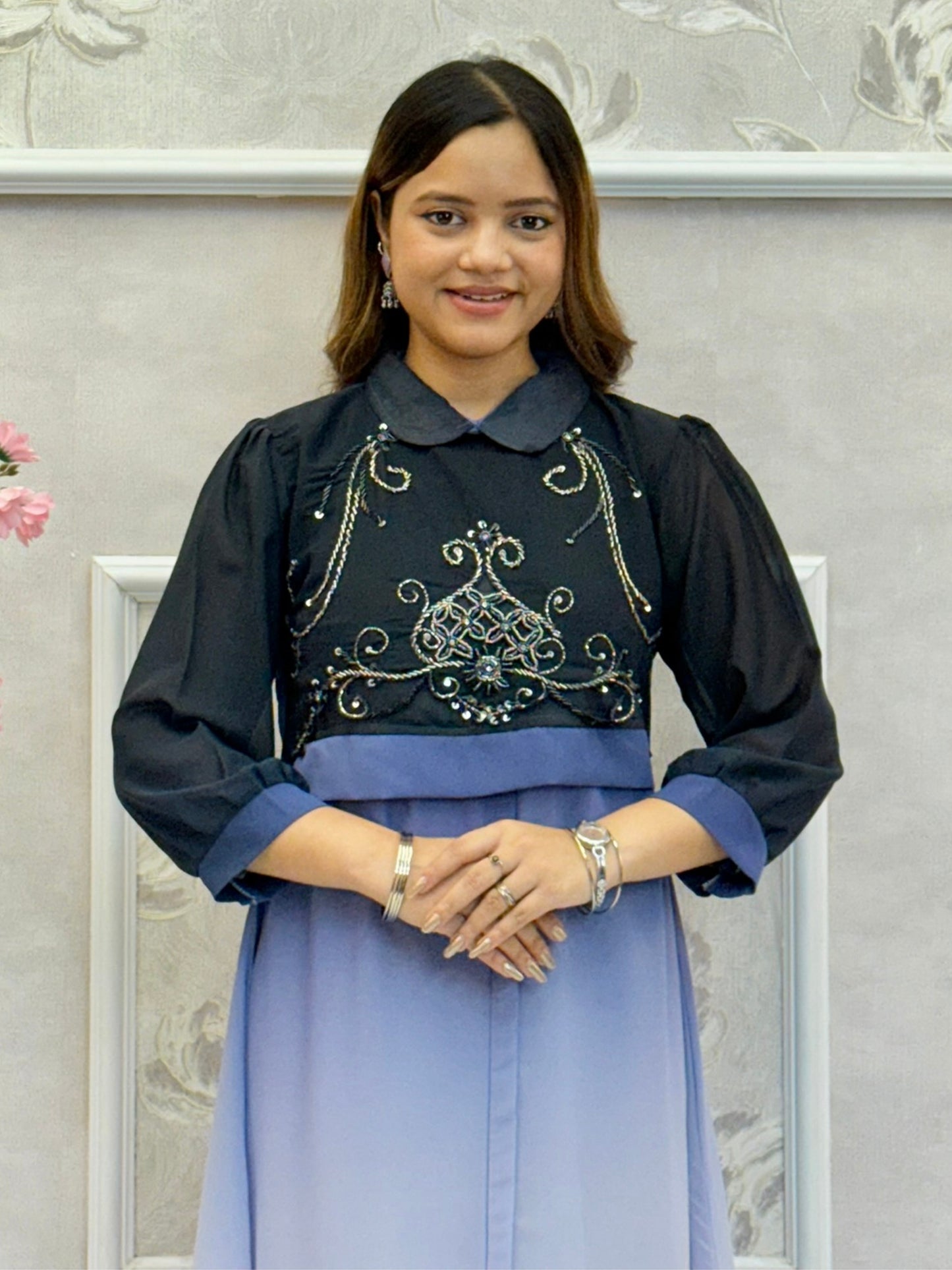 Midnight blue and powder blue Indo-Western georgette dress with handwork and collar design