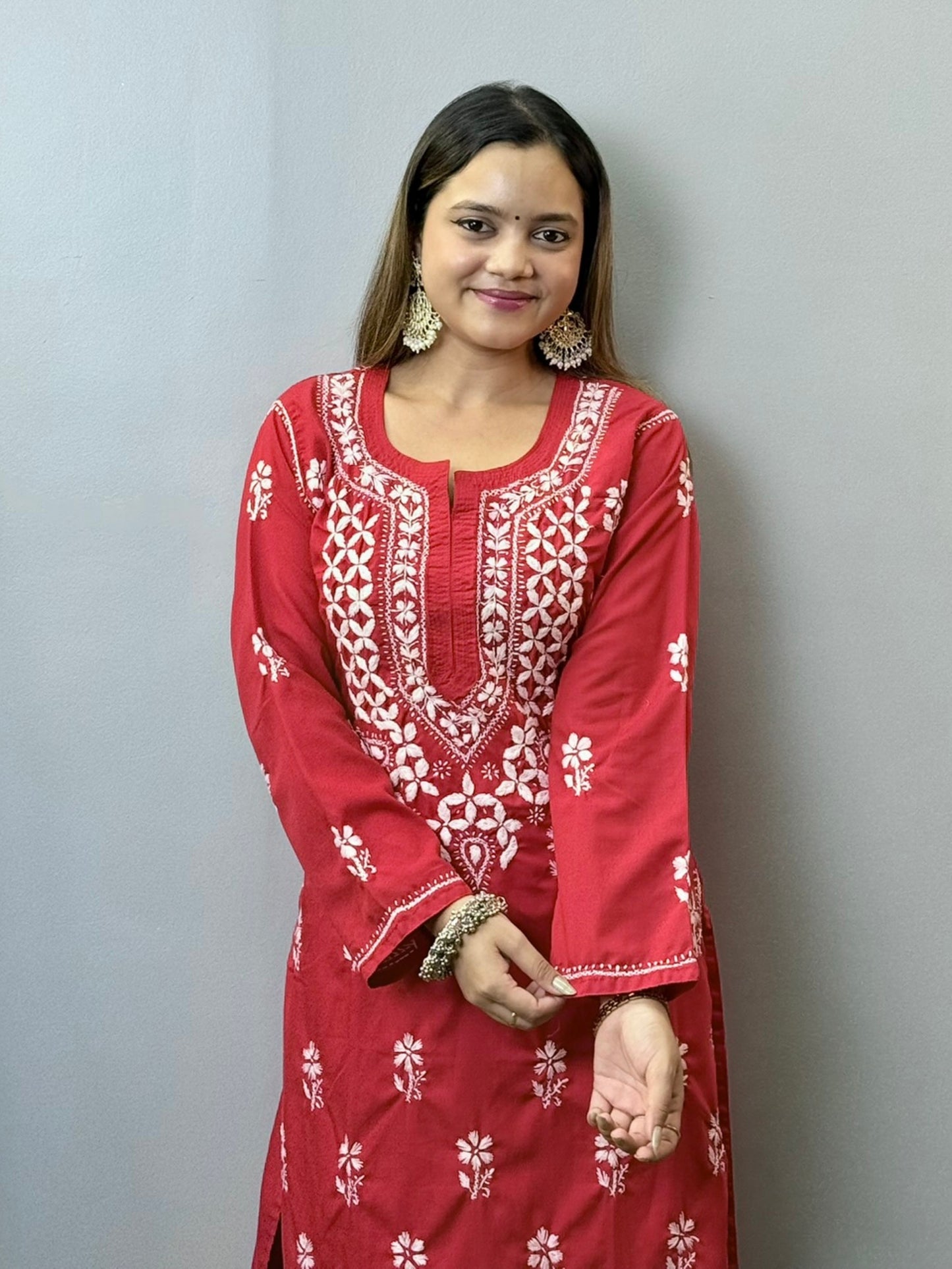 Red muslin Chikankari kurta palazzo set with white hand embroidery