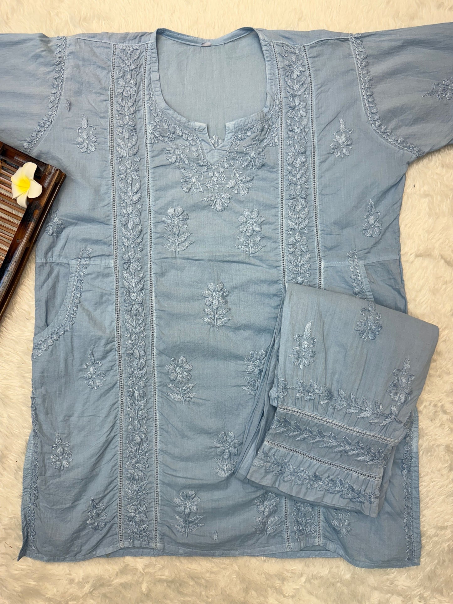 Lucknow Chikankari Greyish Blue Cotton Short Kurta with Pant
