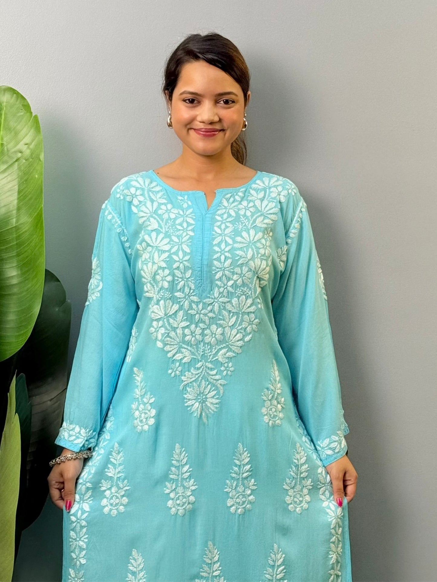 Turquoise blue modal Chikankari kurta with white hand embroidery – soft and elegant ethnic wear for women