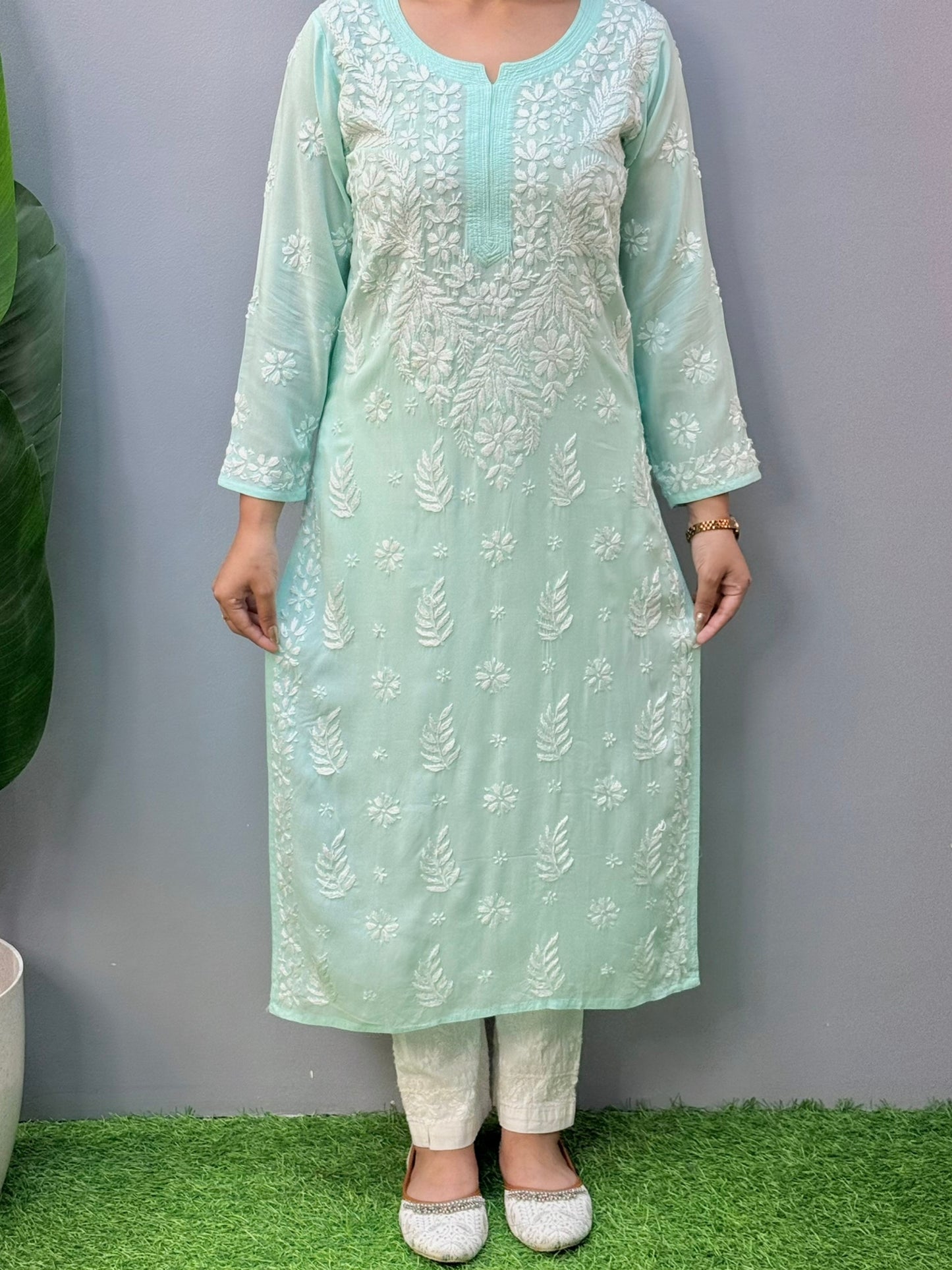 Mint green modal fabric chikankari kurta with white floral hand embroidery, straight long kurti for women