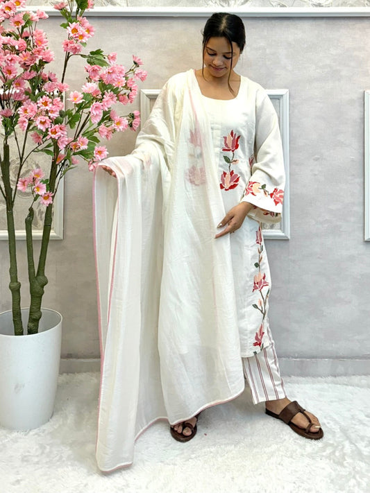 Off-white muslin kurta set with floral hand embroidery, striped pant, and chanderi dupatta – premium ethnic wear