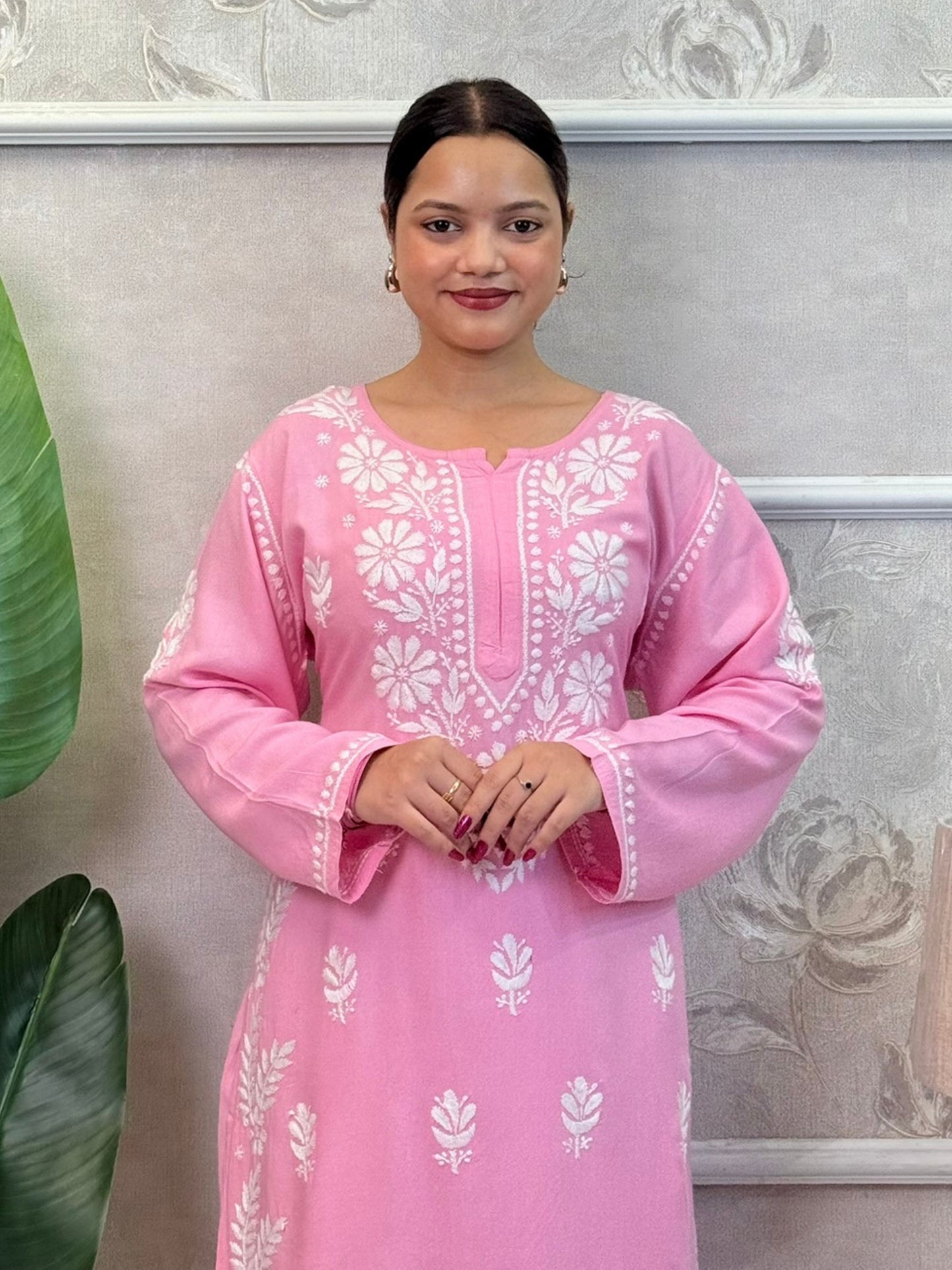 Pink rayon chikankari kurta and Afghani pant set with white hand embroidery – soft and comfortable