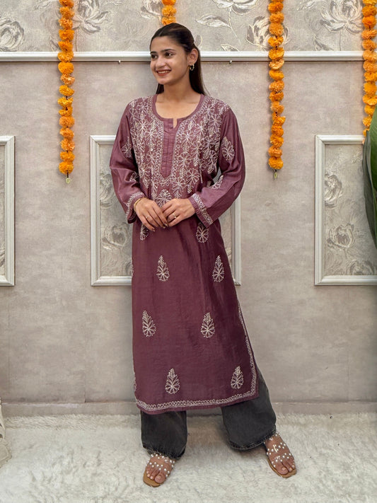 Wine chanderi chikankari kurta with bakhiya hand embroidery, premium quality