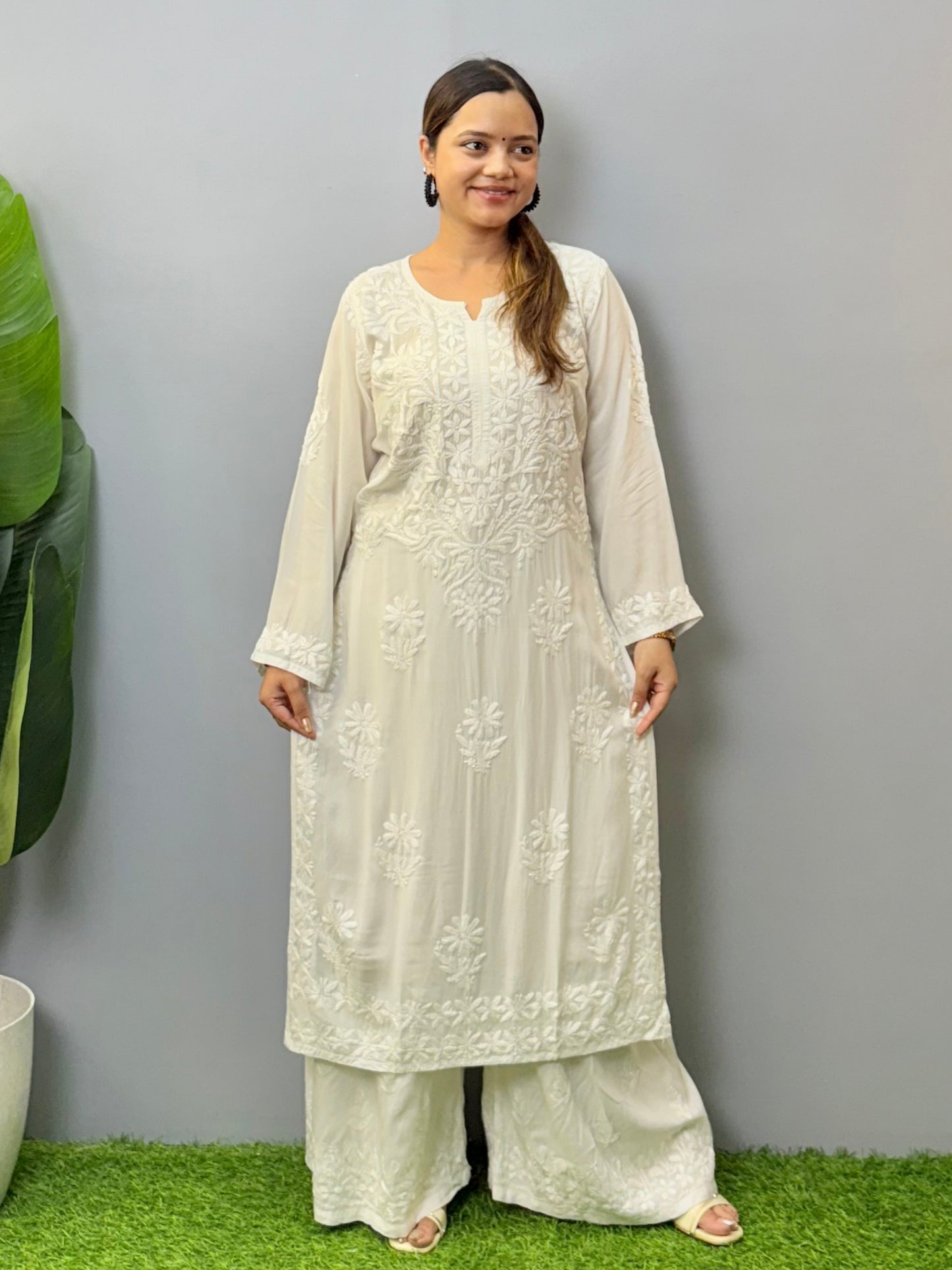 White Lucknow Chikankari modal kurta with hand embroidery, dyable fabric, soft and comfortable wear.