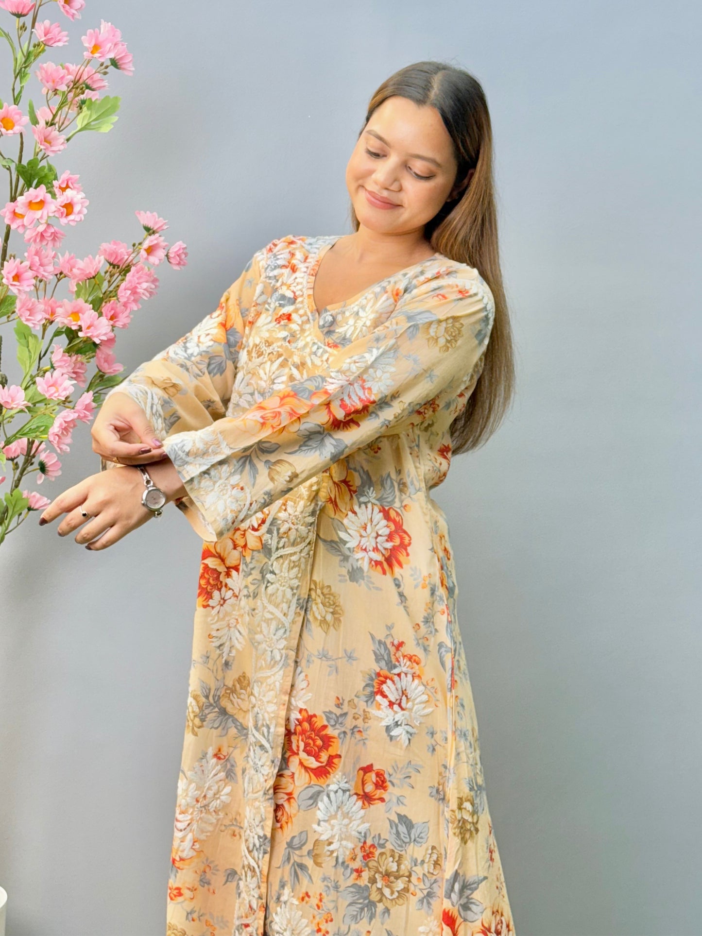 Beige Floral Angrakha Kurta in Mulmul – Printed Lucknowi Charm