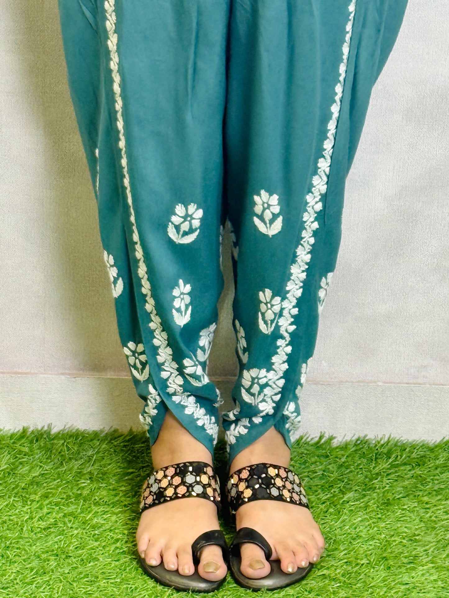 Teal rayon Lucknow Chikankari kurta and dhoti set with white hand embroidery, soft and premium quality