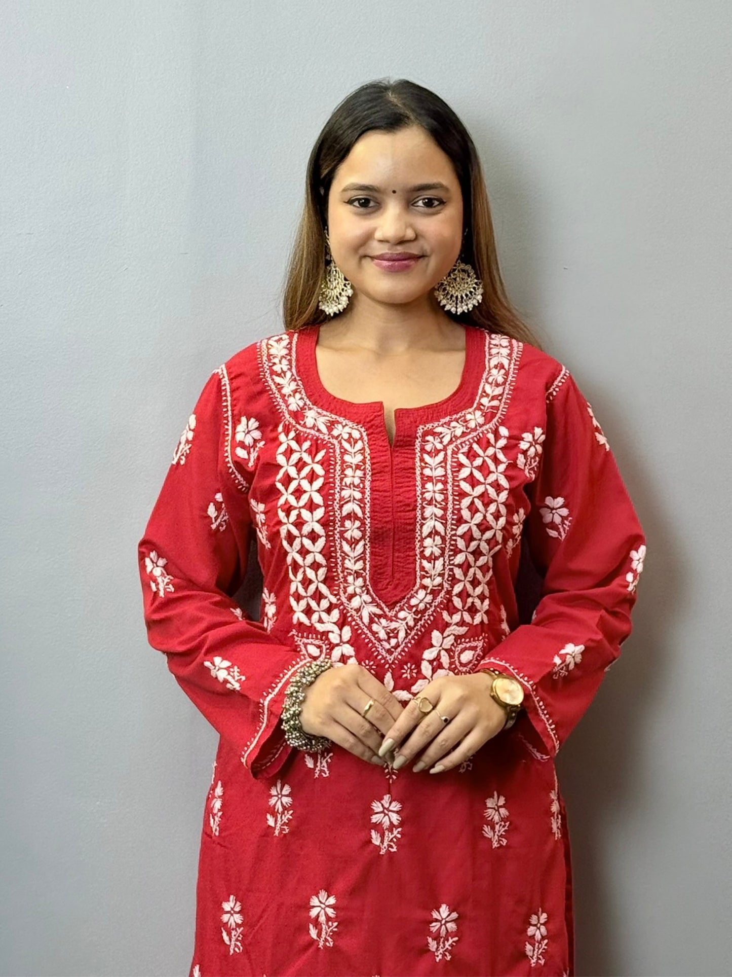 Red muslin Chikankari kurta palazzo set with white hand embroidery