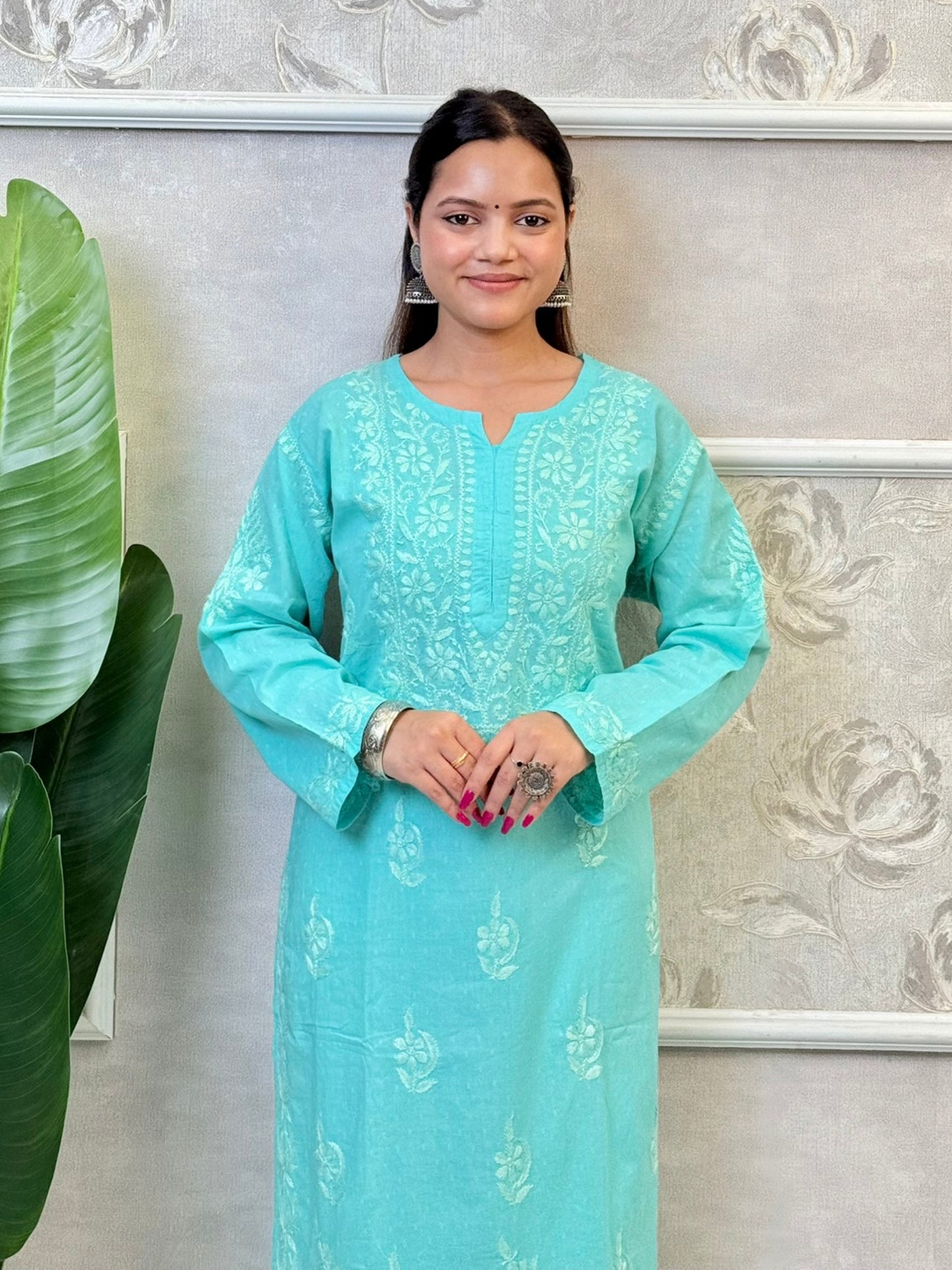 Aqua blue dobby cotton kurta and palazzo set with tone-on-tone Lucknowi Chikankari embroidery – soft and breathable ethnic wear