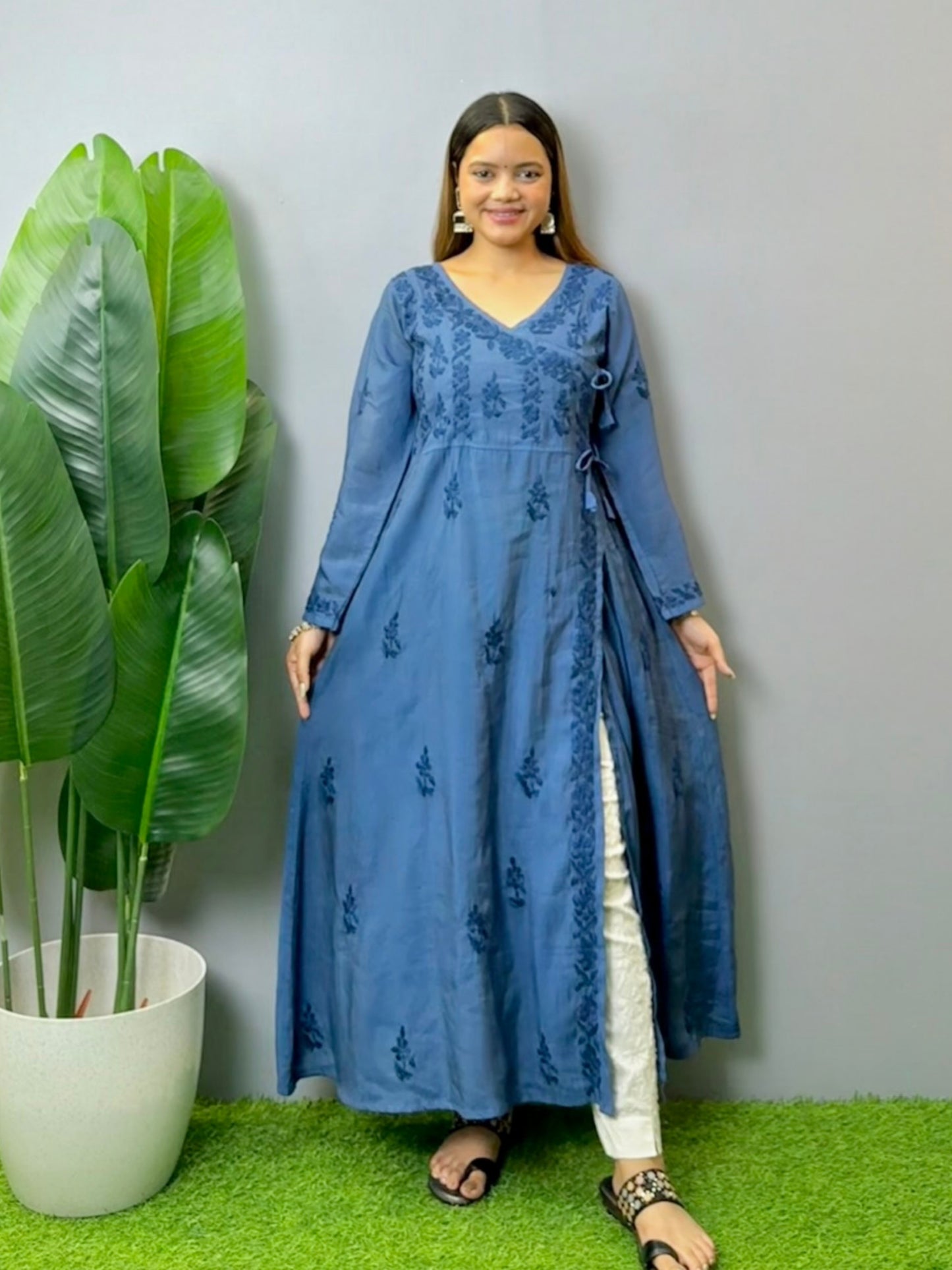 Steel blue Chanderi Angrakha kurta with Lucknowi Chikankari hand embroidery, soft and premium quality