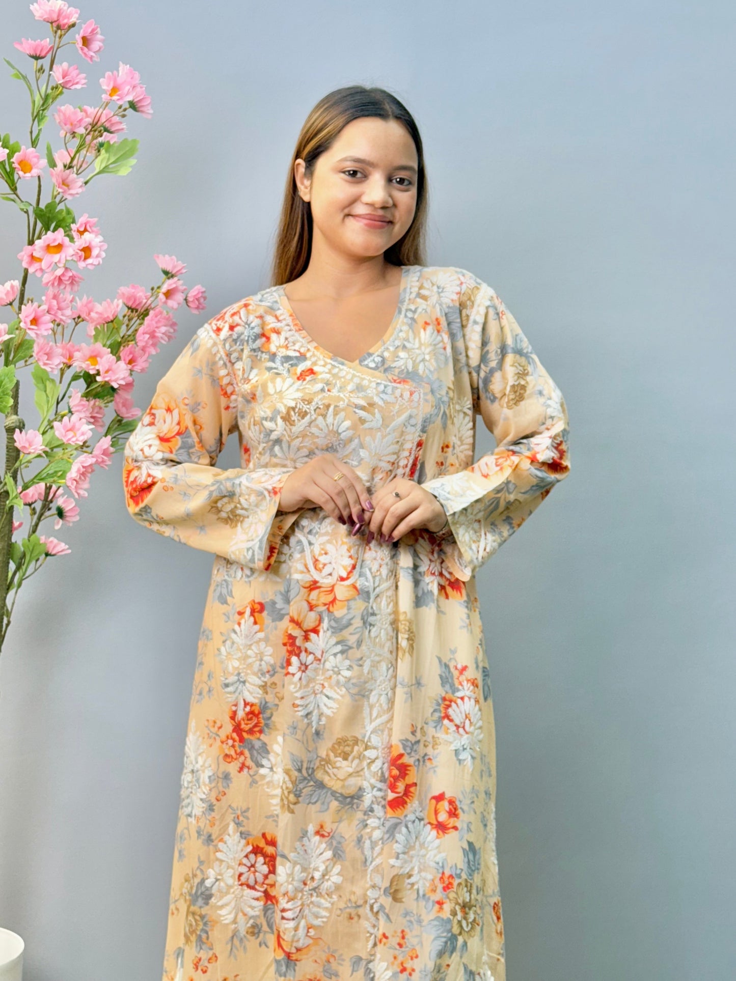 Beige Floral Angrakha Kurta in Mulmul – Printed Lucknowi Charm