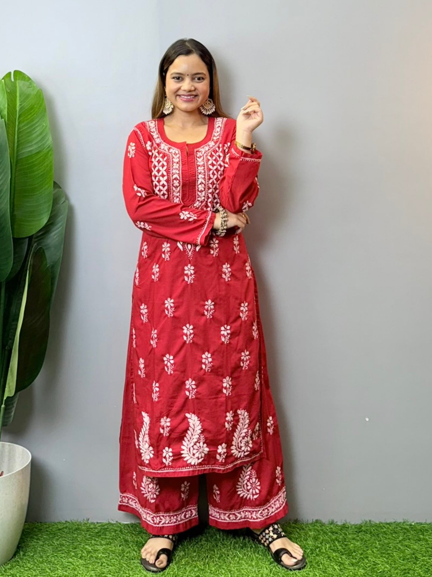 Red muslin Chikankari kurta palazzo set with white hand embroidery