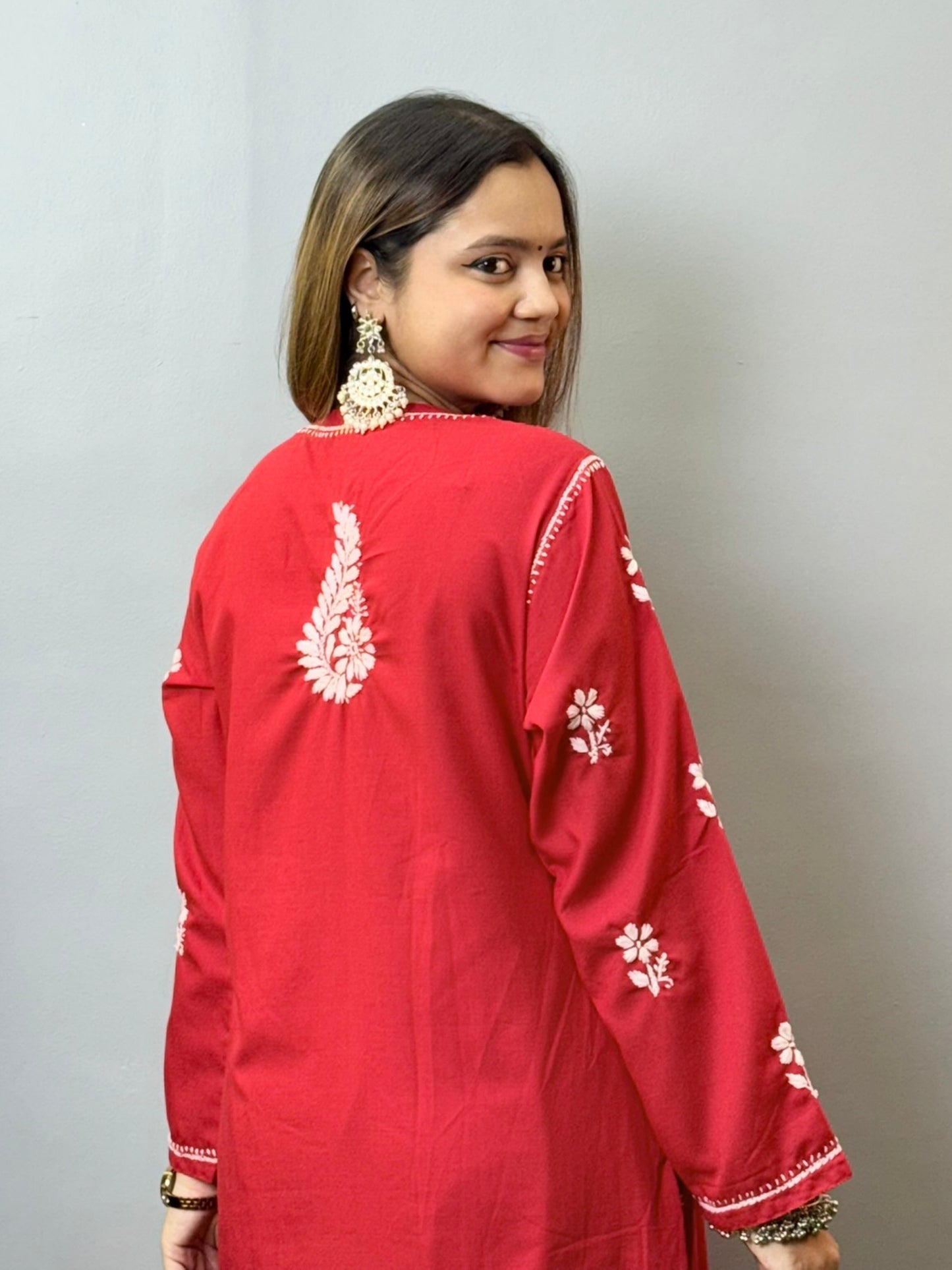 Red muslin Chikankari kurta palazzo set with white hand embroidery