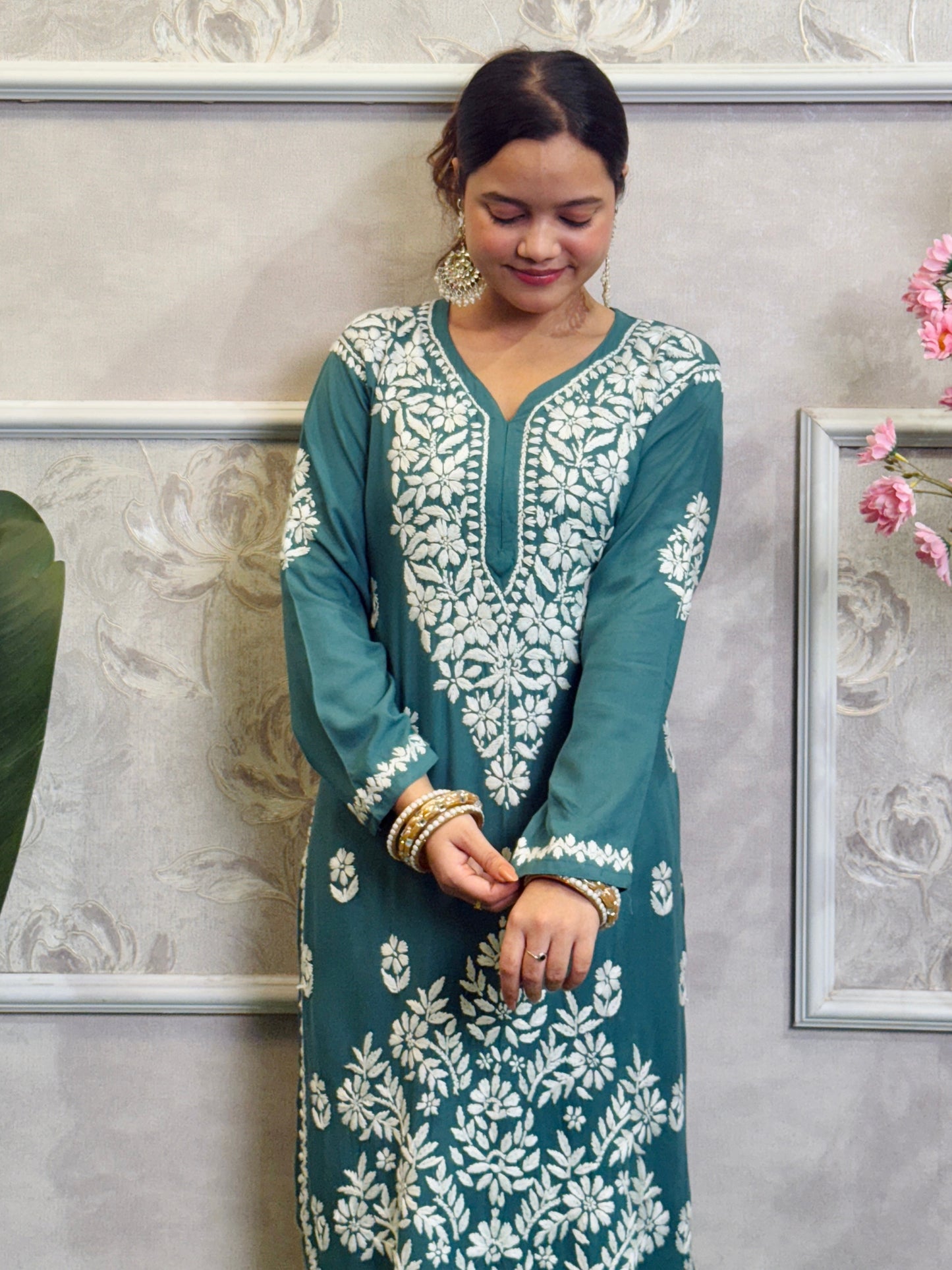 Teal rayon Lucknow Chikankari kurta and dhoti set with white hand embroidery, soft and premium quality