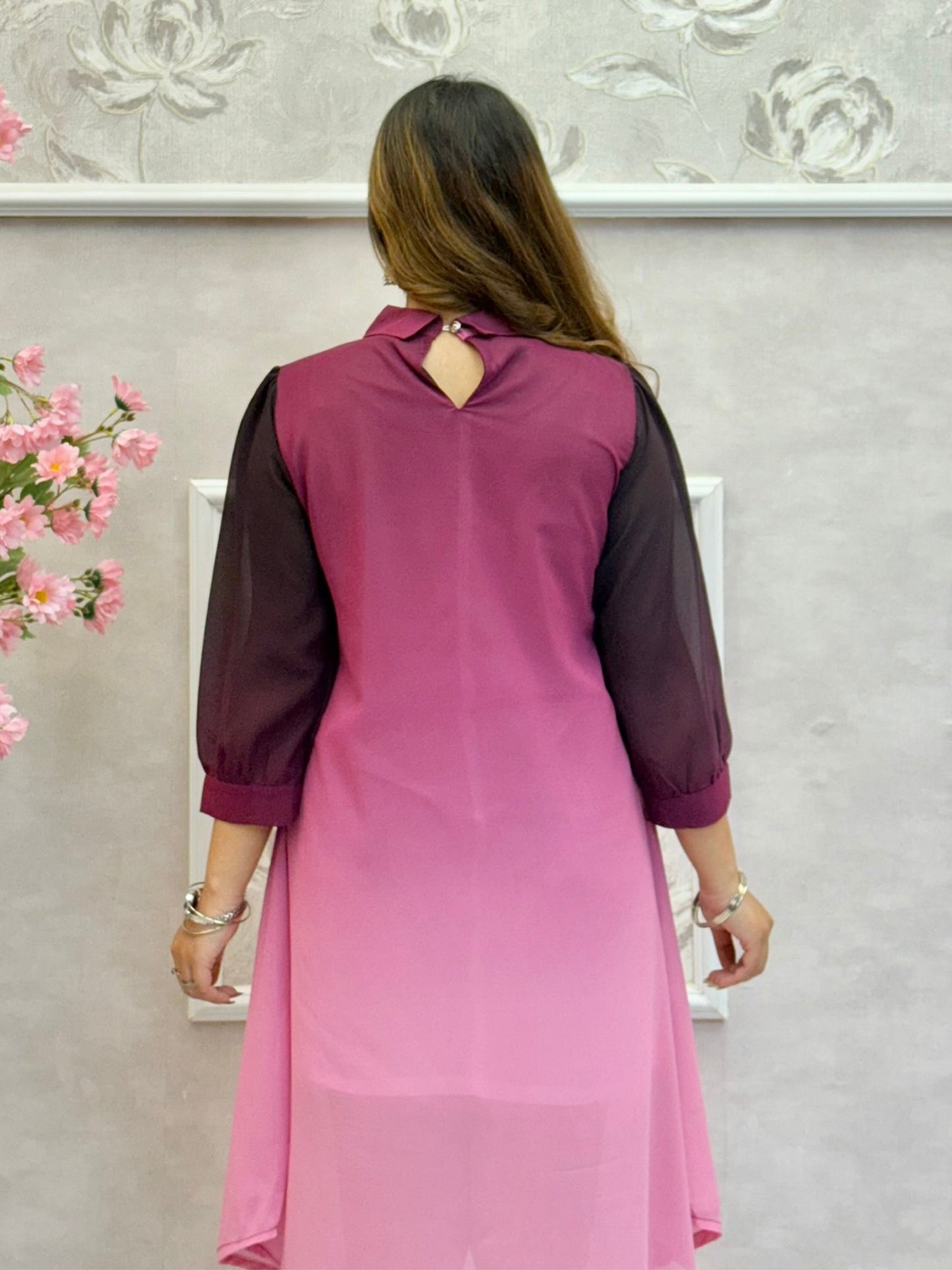 Wine and rose pink ombré Indo-Western georgette dress with hand embroidery and collar design
