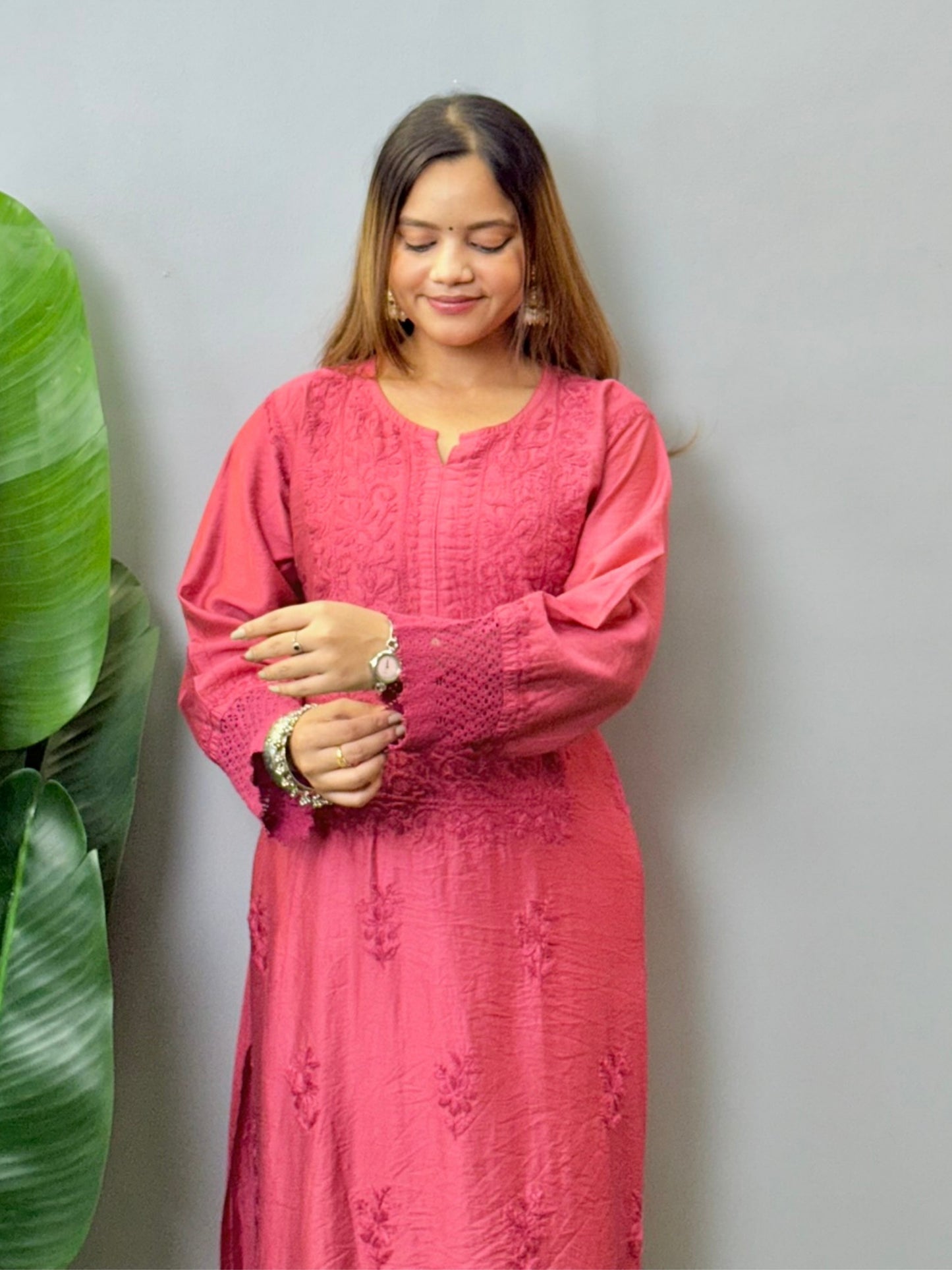 Wine chanderi Lucknowi Chikankari kurta with tone-on-tone hand embroidery and lace detailing, soft and comfortable