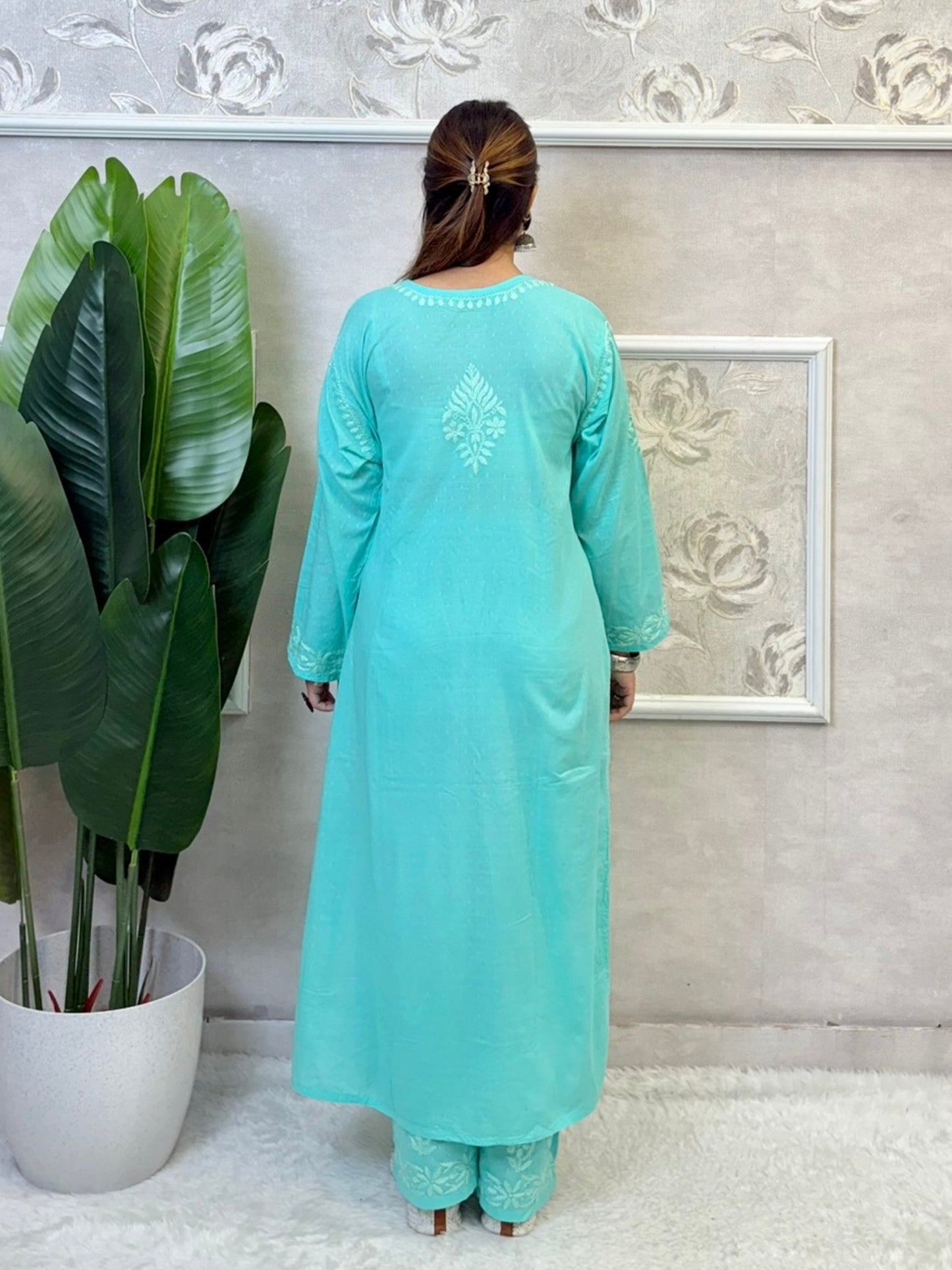 Aqua blue dobby cotton kurta and palazzo set with tone-on-tone Lucknowi Chikankari embroidery – soft and breathable ethnic wear
