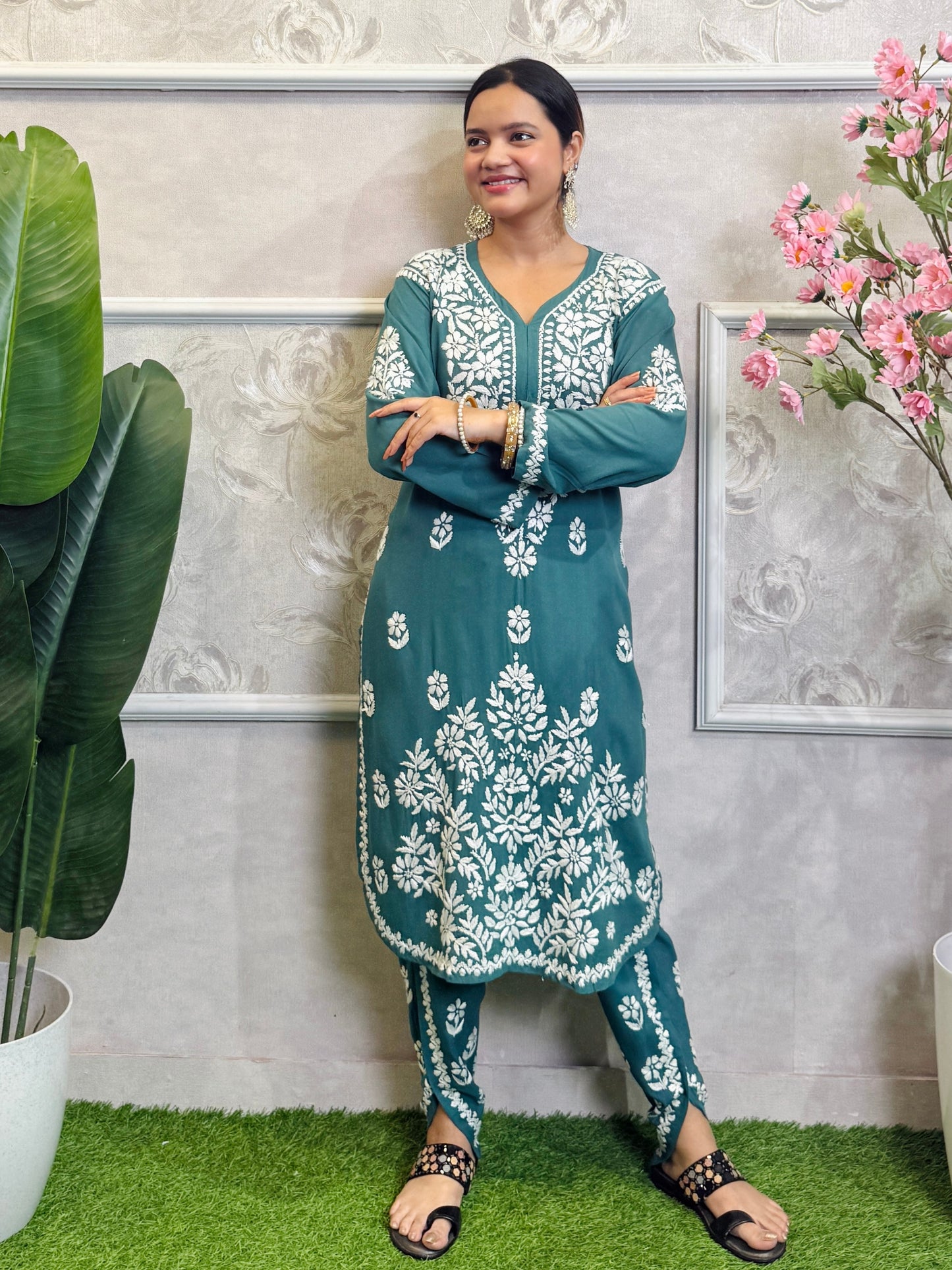 Teal rayon Lucknow Chikankari kurta and dhoti set with white hand embroidery, soft and premium quality