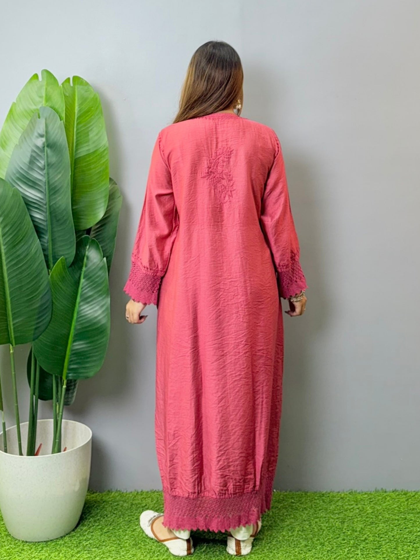 Wine chanderi Lucknowi Chikankari kurta with tone-on-tone hand embroidery and lace detailing, soft and comfortable