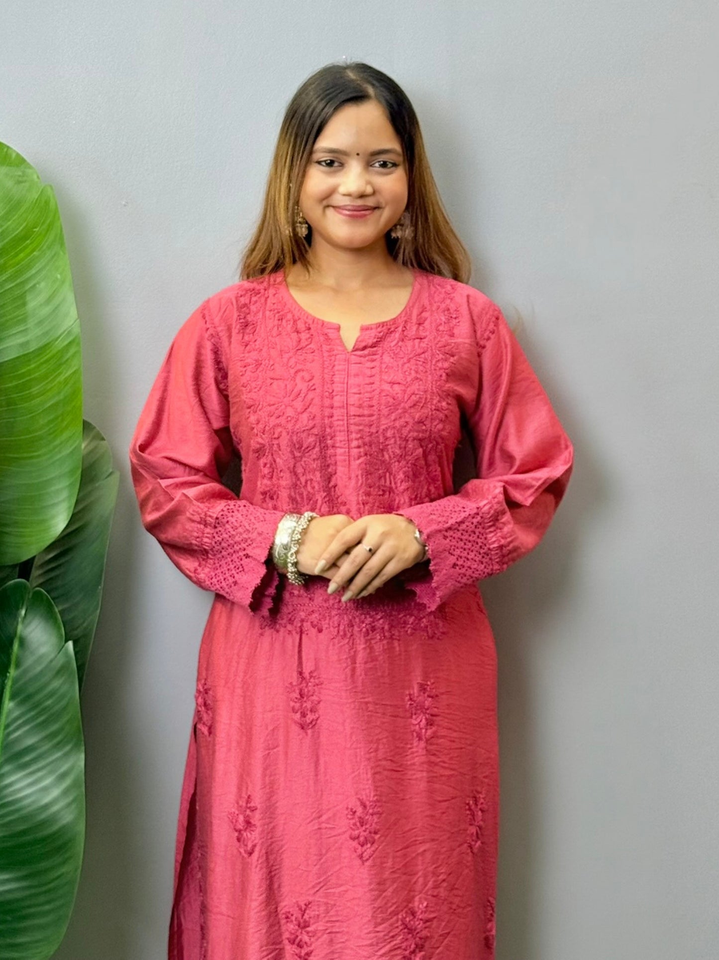 Wine chanderi Lucknowi Chikankari kurta with tone-on-tone hand embroidery and lace detailing, soft and comfortable