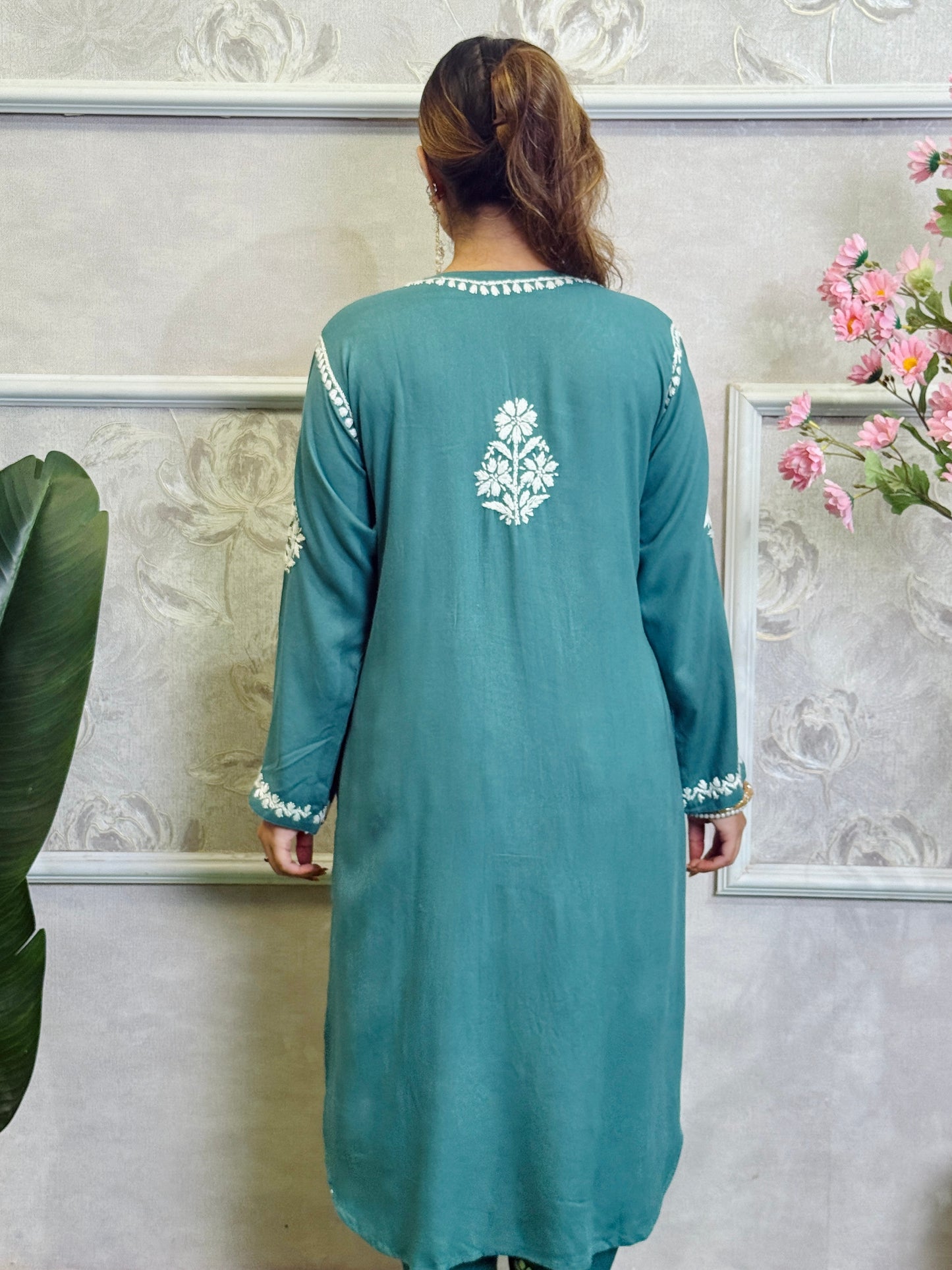 Teal rayon Lucknow Chikankari kurta and dhoti set with white hand embroidery, soft and premium quality