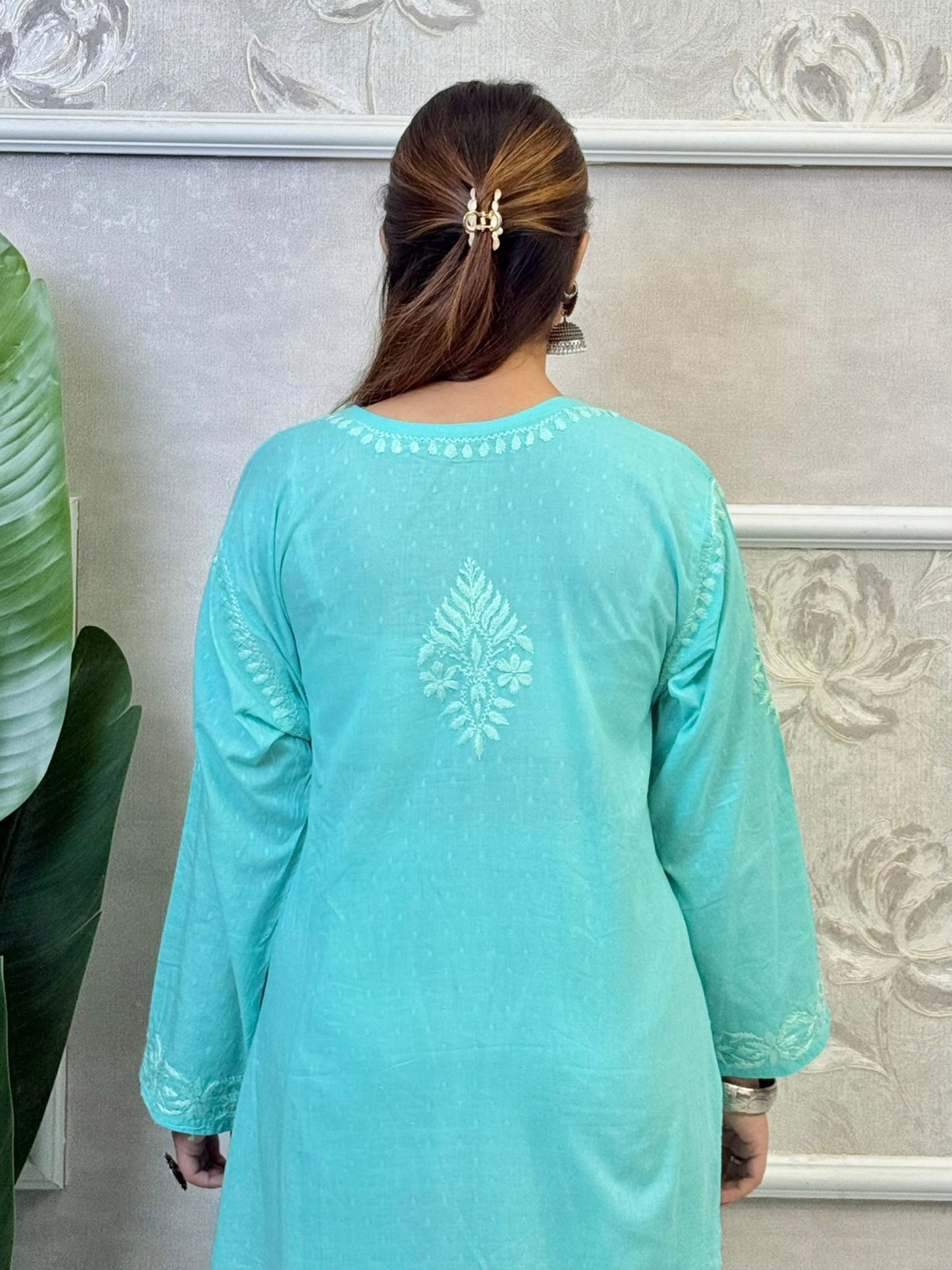 Aqua blue dobby cotton kurta and palazzo set with tone-on-tone Lucknowi Chikankari embroidery – soft and breathable ethnic wear