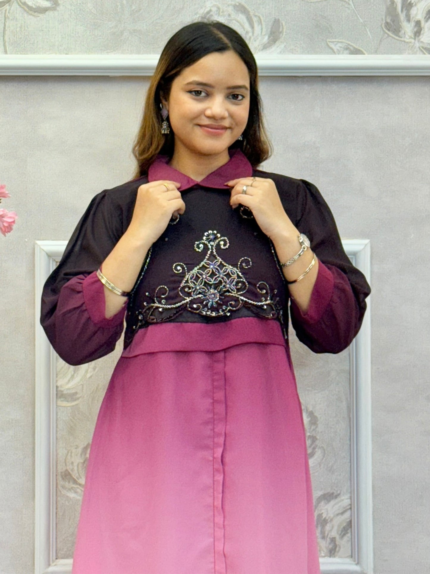 Wine and rose pink ombré Indo-Western georgette dress with hand embroidery and collar design