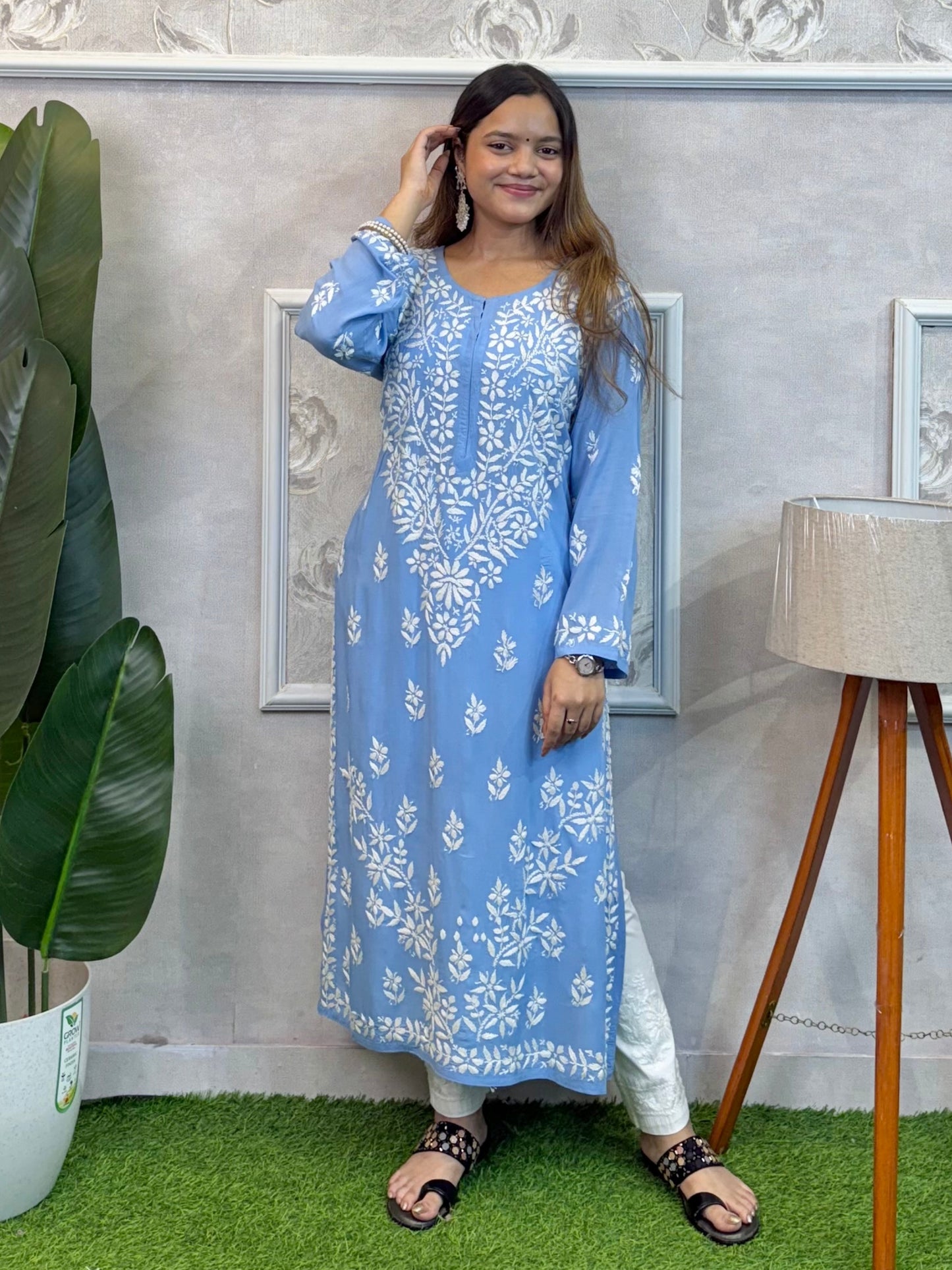 Sky Blue Lucknow Chikankari modal kurta with hand embroidery – soft and comfortable wear