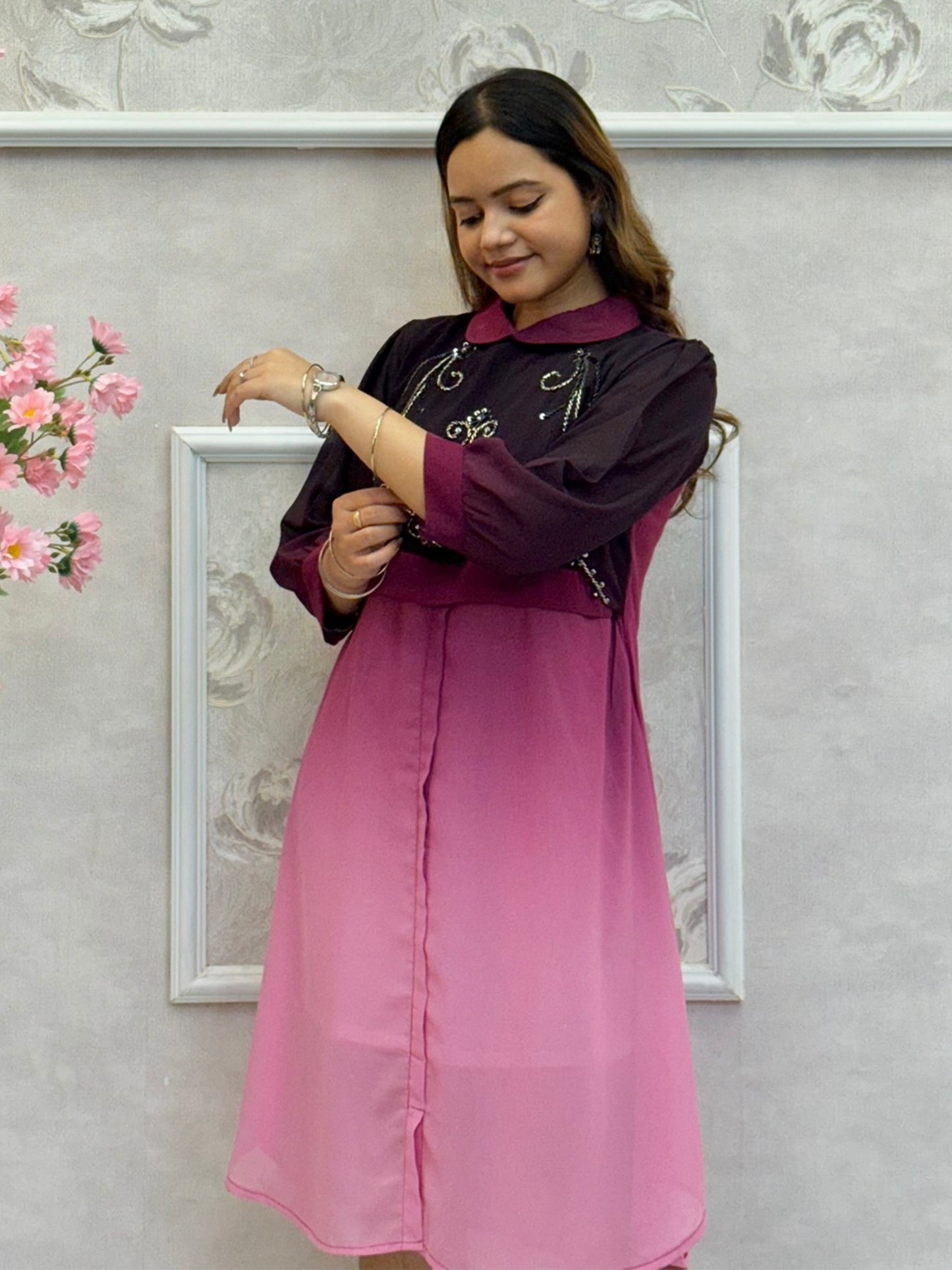 Wine and rose pink ombré Indo-Western georgette dress with hand embroidery and collar design