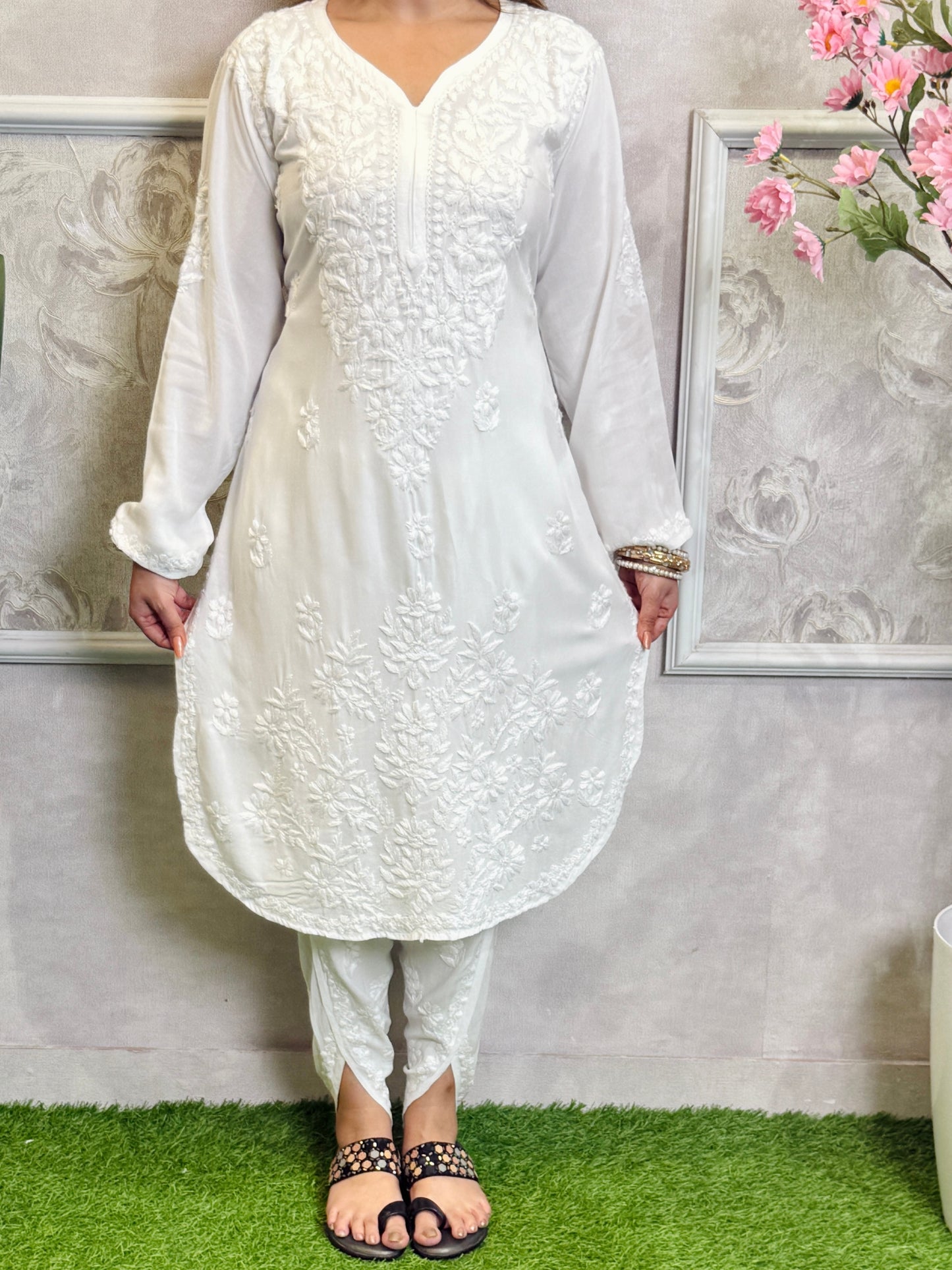 White dyable Lucknow Chikankari rayon kurta and dhoti pant set with hand embroidery.
